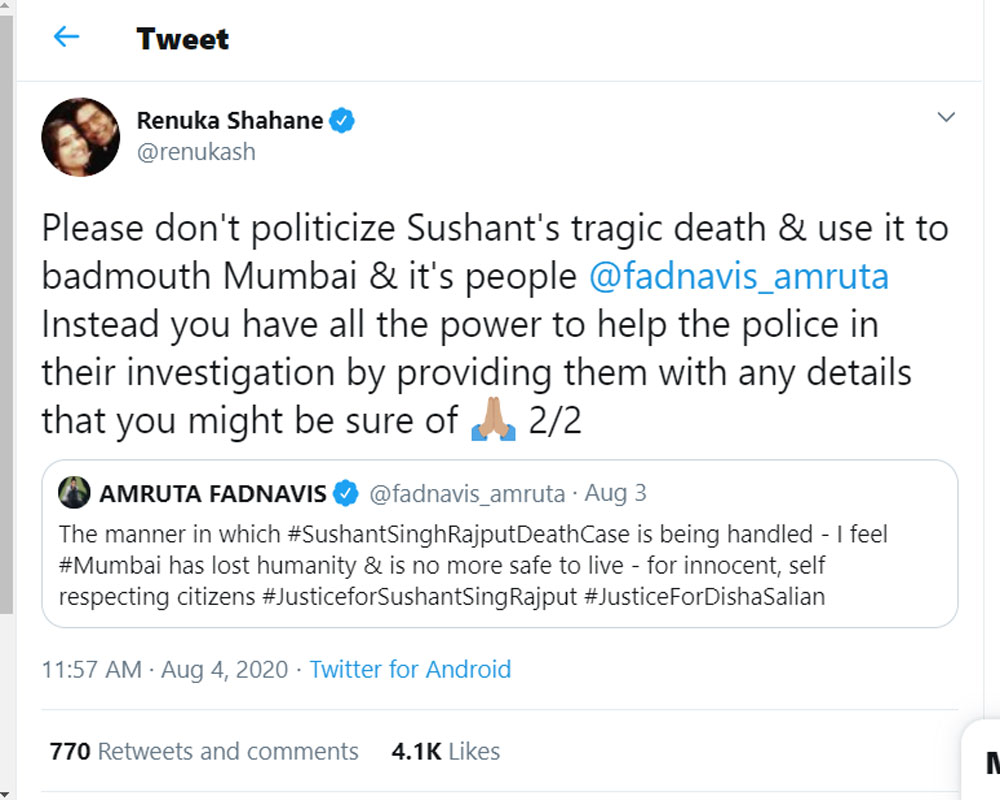 Renuka Shahane to Amruta Fadnavis: Don't politicise Sushant's death