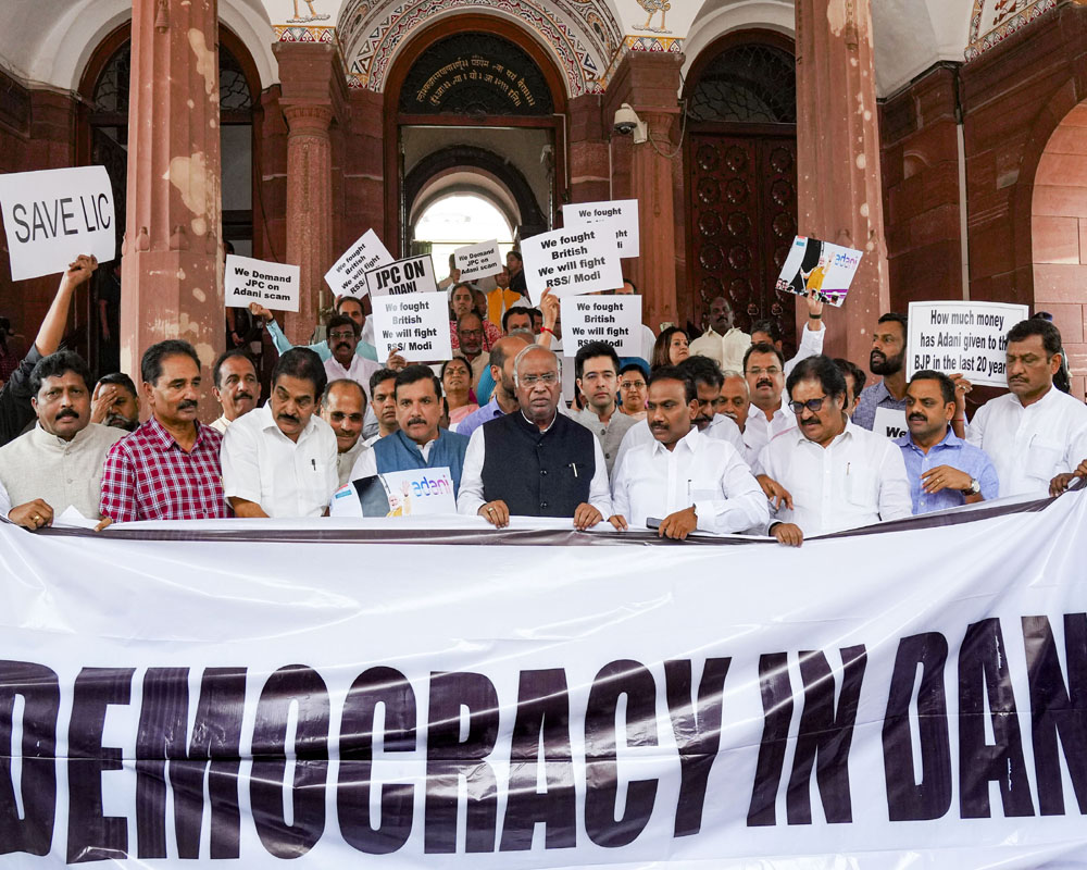 Oppn holds protest march alleging 'democracy in danger', seeks JPC probe into Adani issue