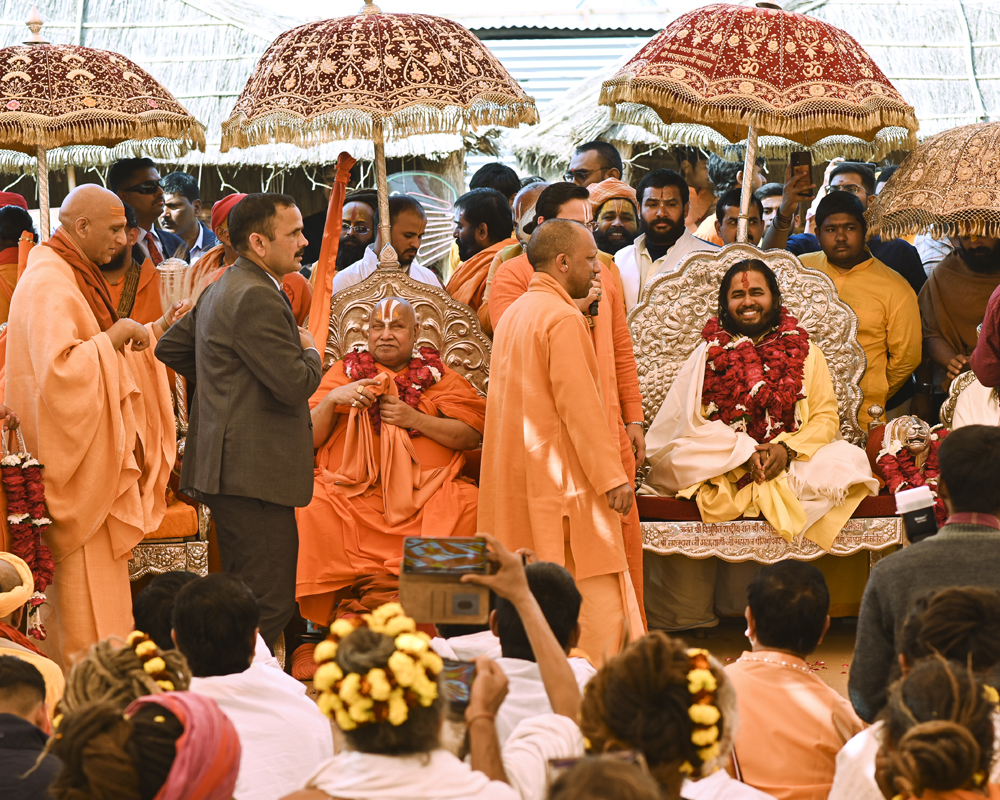 At Kumbh, Adityanath praises saints for acting responsibly post-stampede; hits out at Sanatan Dharma opponents