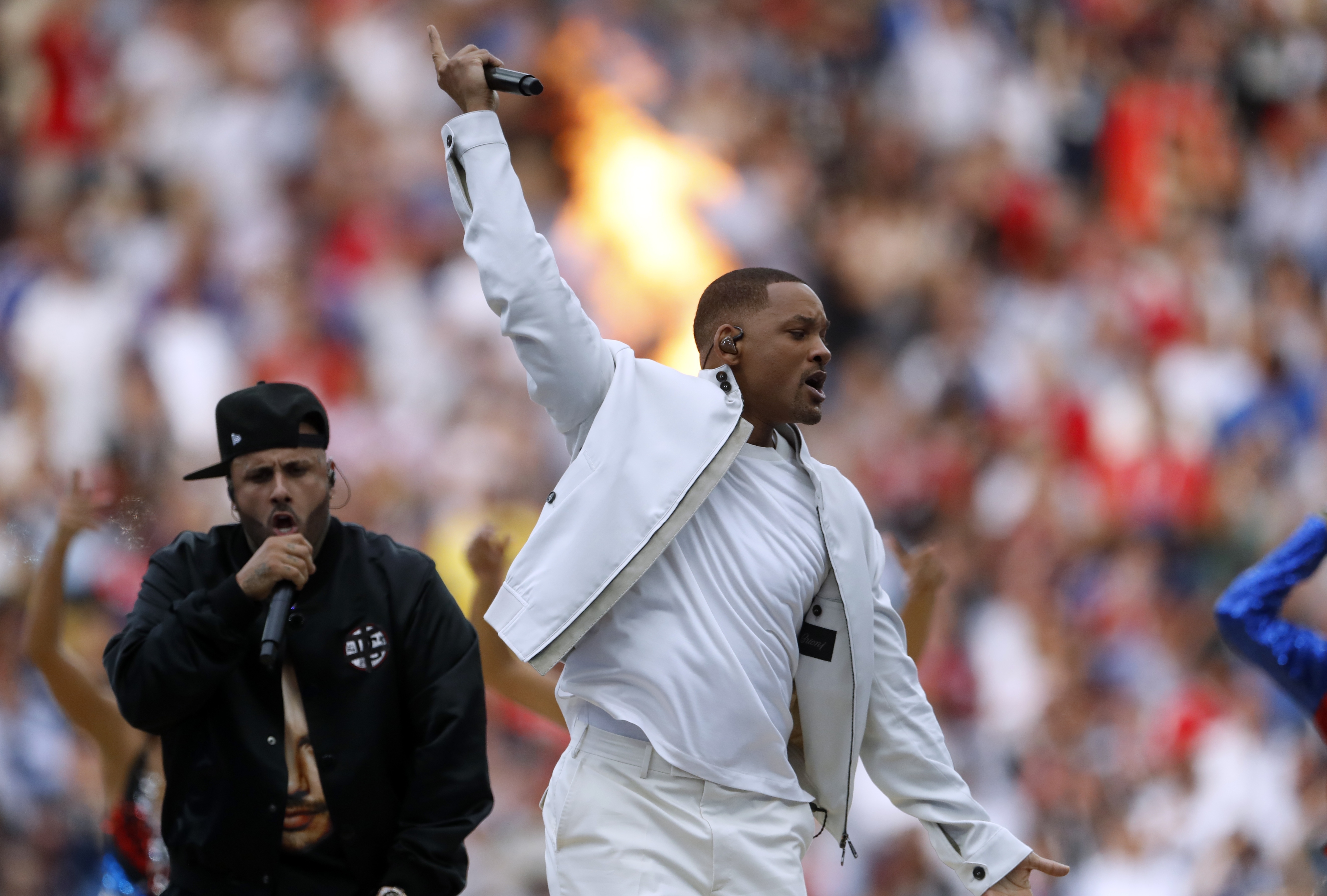 Will Smith performs during a ceremony prior to the final match between France and Croatia at the 2018 soccer World Cup in the Luzhniki Stadium in Moscow - AP