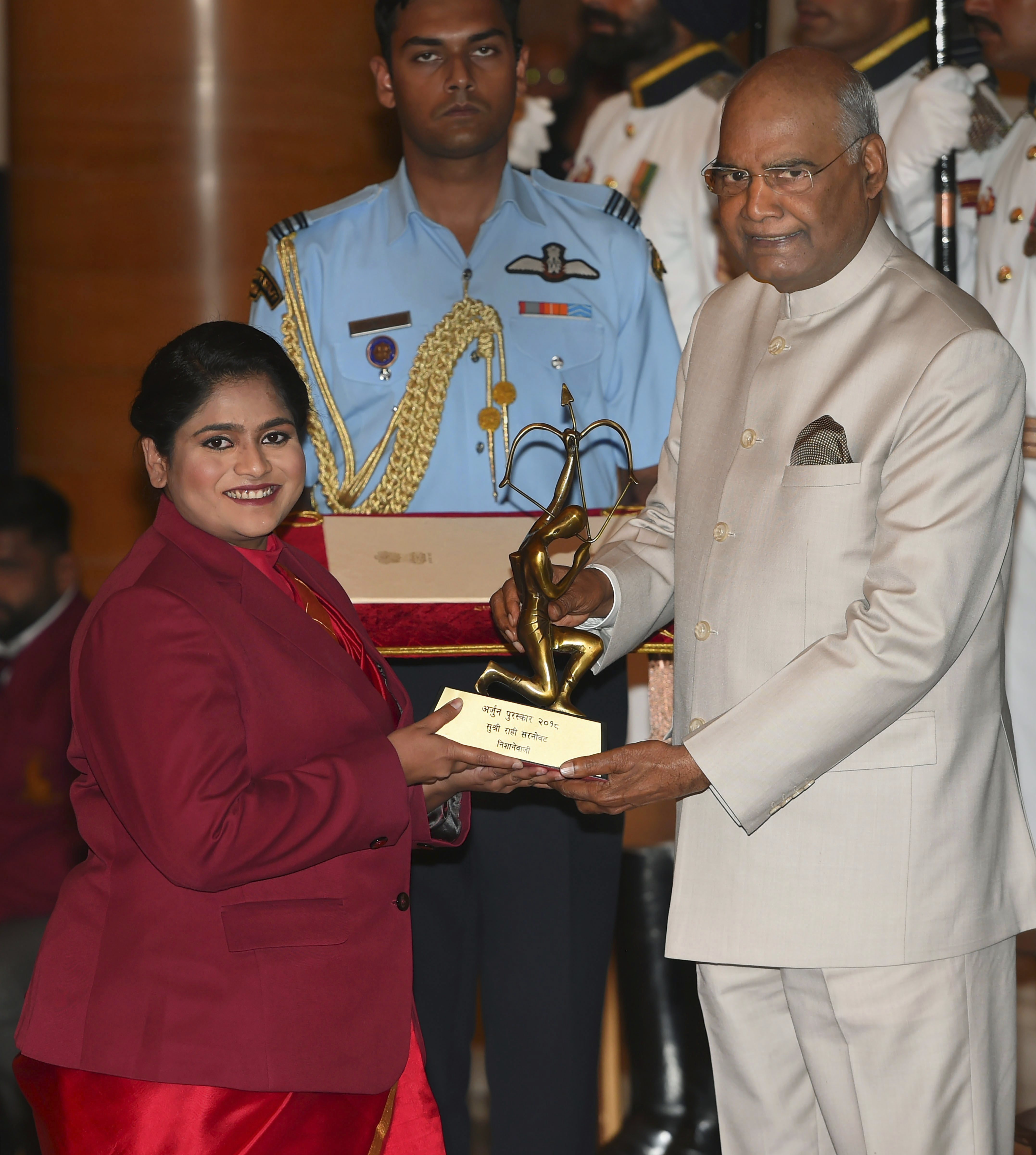 President Ram Nath Kovind presents Arjuna Award to shooter Rahi Sarnobat at the National Sports and Adventure Award 2018 function at Rashtrapti Bhawan in New Delhi - PTI