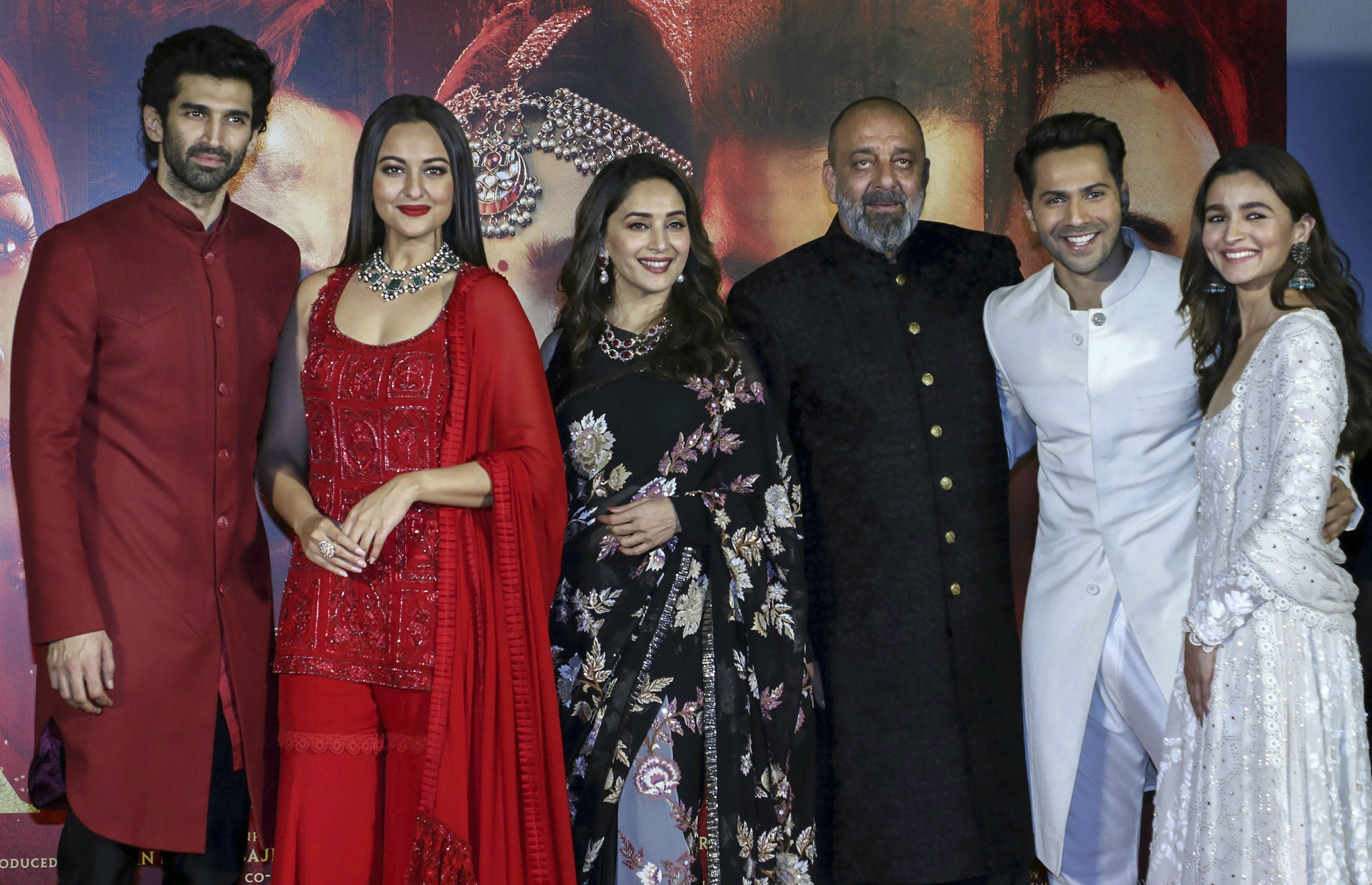 Bollywood actors (L-R) Aditya Roy Kapur, Sonakshi Sinha, Madhuri Dixit, Sanjay Dutt, Varun Dhawan and Alia Bhatt attend the teaser launch of their upcoming film 'Kalank,' in Mumbai - PTI