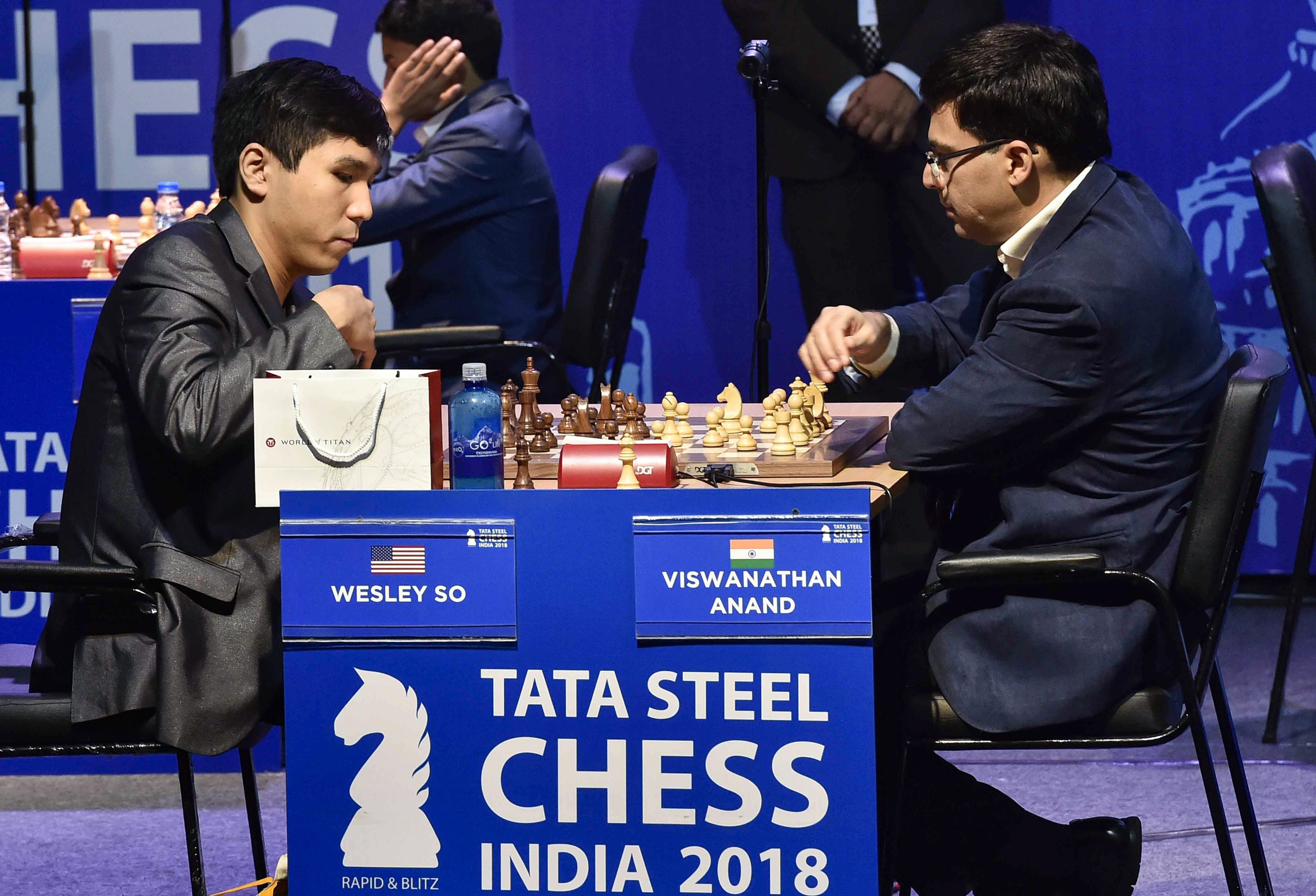 Five times World Champion Viswanathan Anand and American-Filipino chess Grandmaster Wesley So during 'Chess India 2018' tournament, in Kolkata - PTI