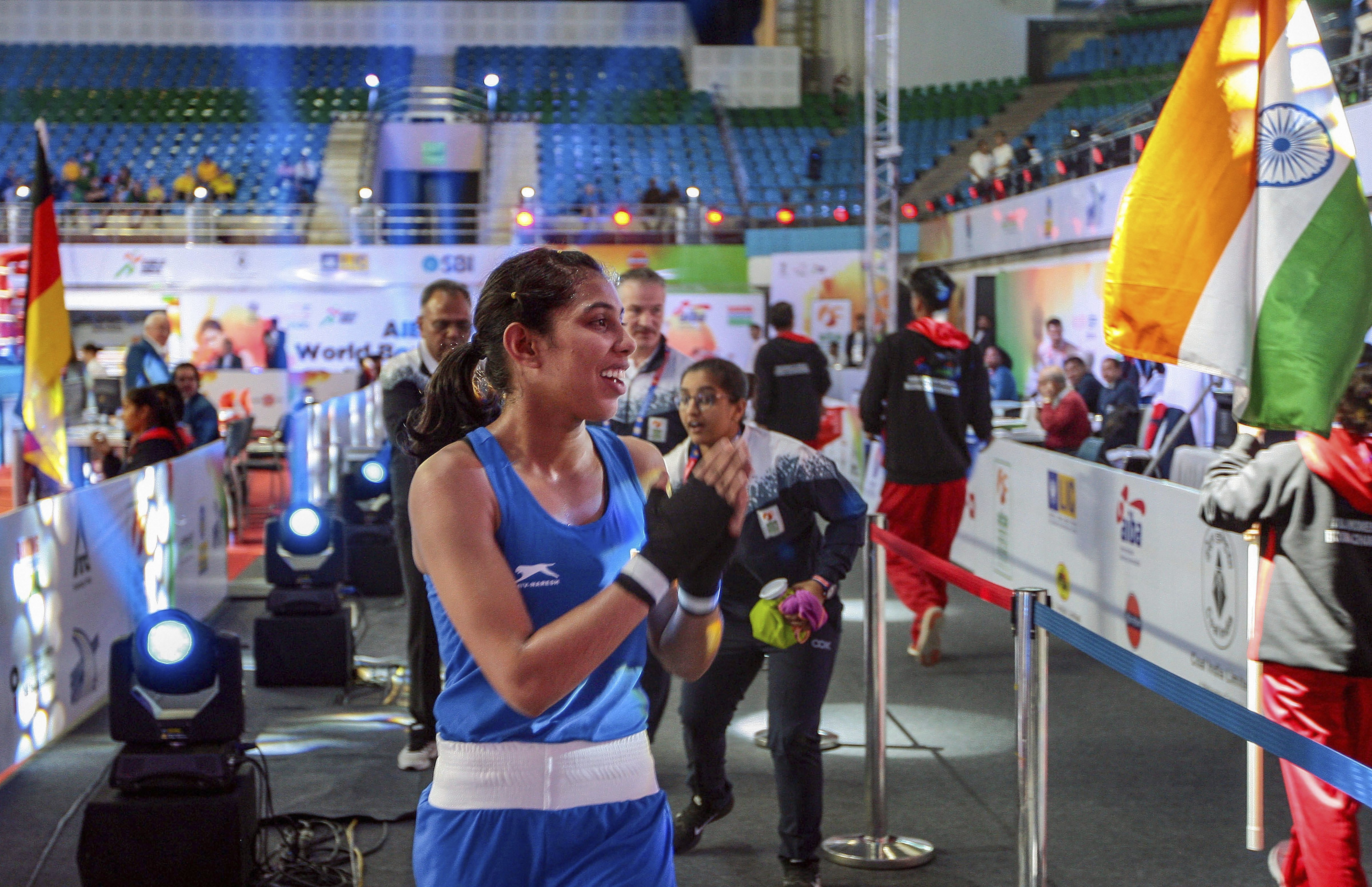 Rookie boxer Manisha Moun (blue) after winning against the United States boxer Christina Cruz in Women's 54kg pre-quarterfinals during AIBA Women's World Boxing Championships, at IG Stadium, in New Delhi - PTI