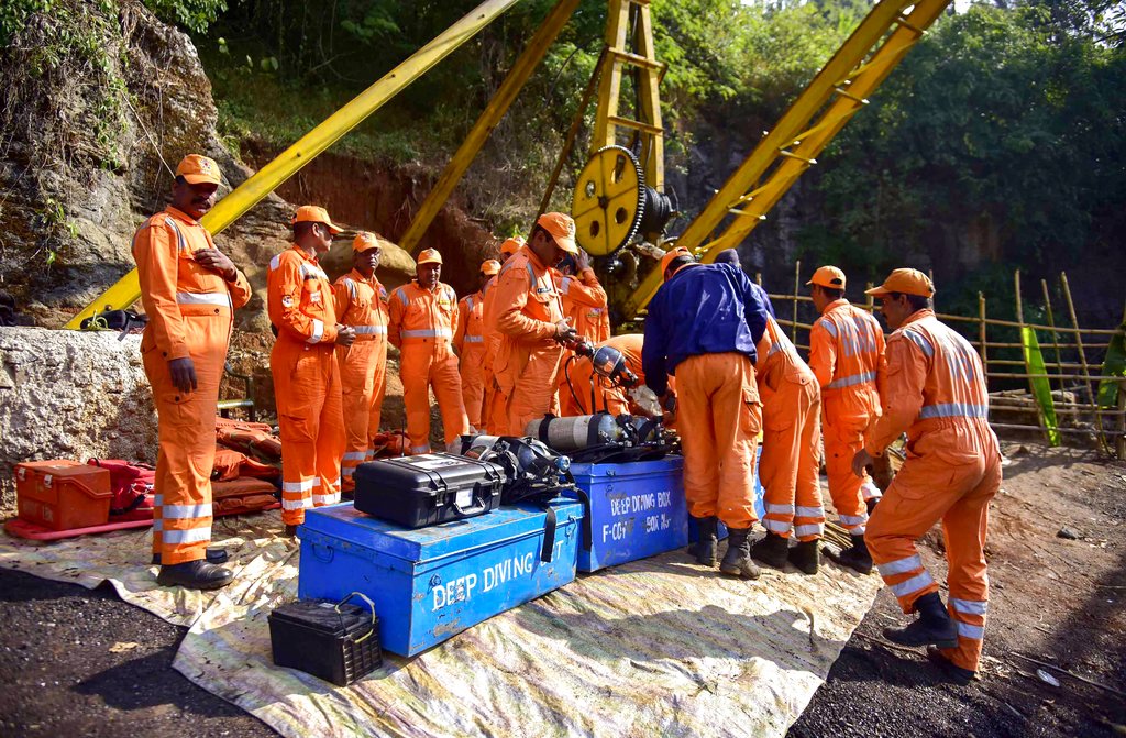 NDRF personnel conduct a rescue task at the site of a coal mine collapse at Ksan, in Jaintia Hills district of Meghalaya - PTI