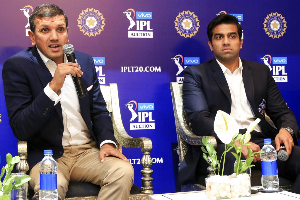Rajasthan Royals lead owner Manoj Badale (L) and Delhi Capitals owner Parth Jindal address the media at a press conference for the Indian Premier League players' auction, in Jaipur - PTI