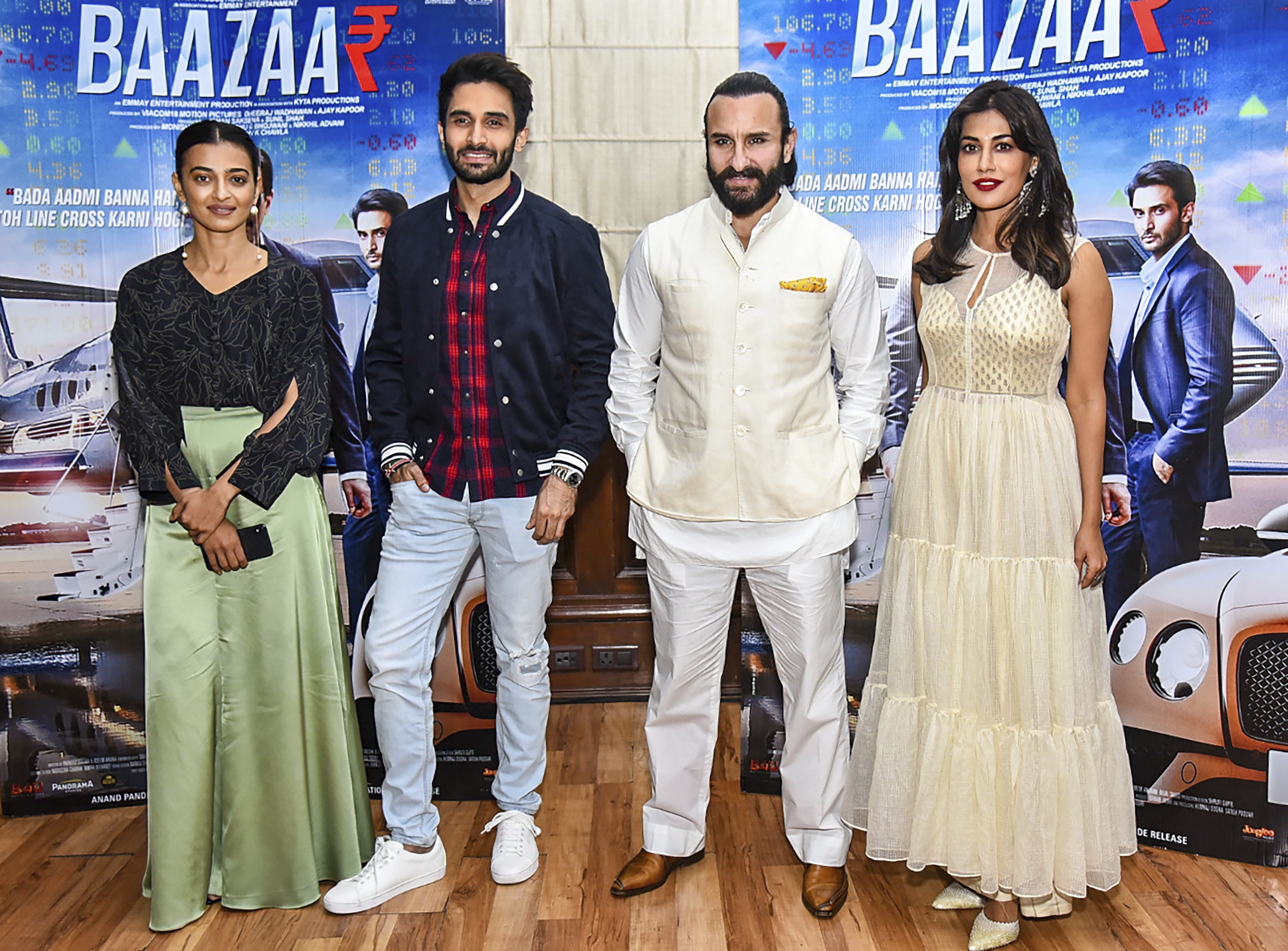 Actors Saif Ali Khan, Rohan Mehra, Chitrangada and Radhika Apte promote their film 'Baazaar' in New Delhi - PTI