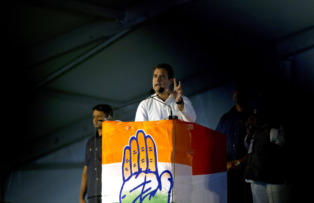 Congress party President Rahul Gandhi speaks during an election campaign rally at Medchal, on the outskirt of Hyderabad - AP