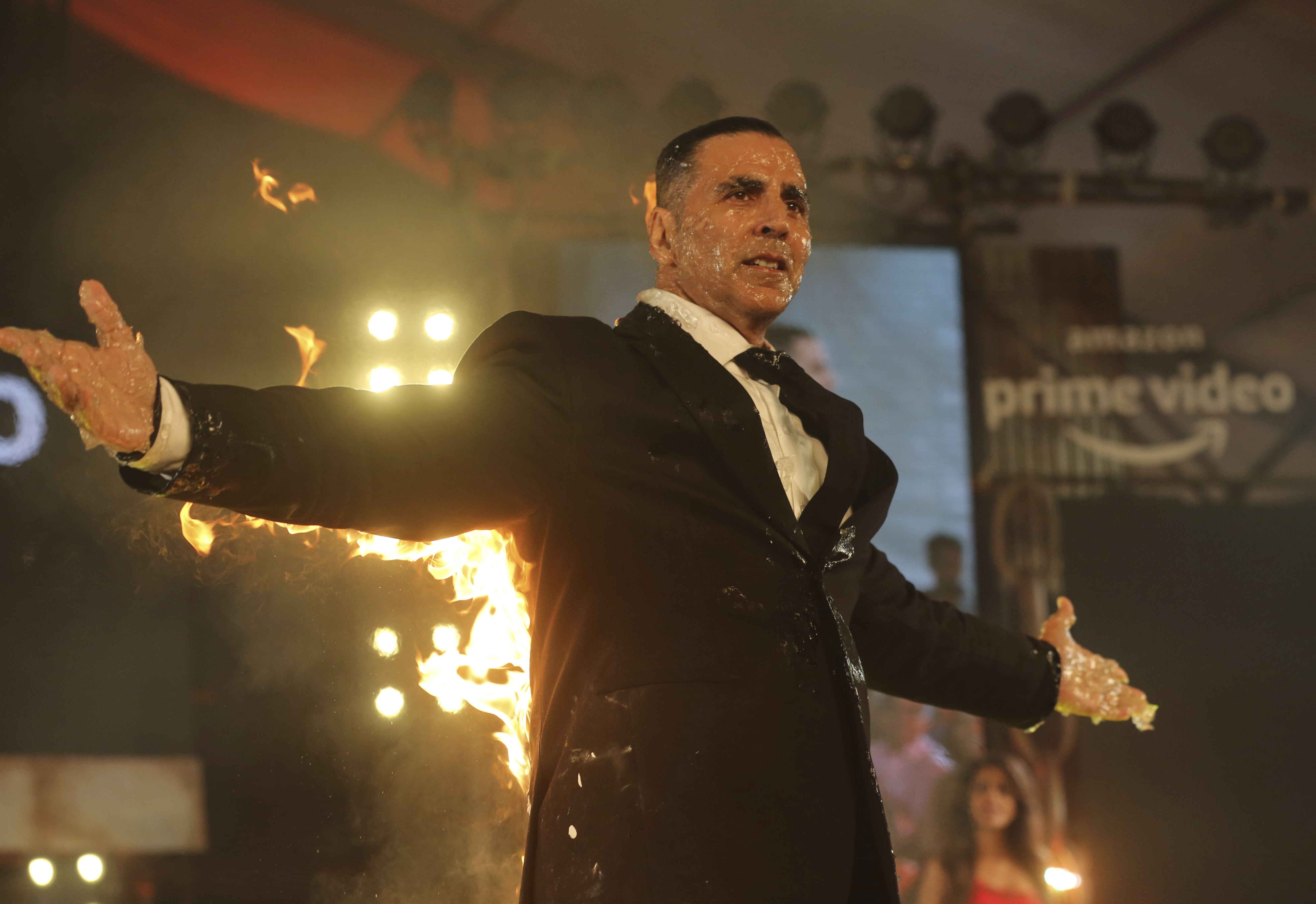 Bollywood actor Akshay Kumar performs a stunt during an event to mark his digital debut with an Amazon Prime Video series in Mumbai - AP