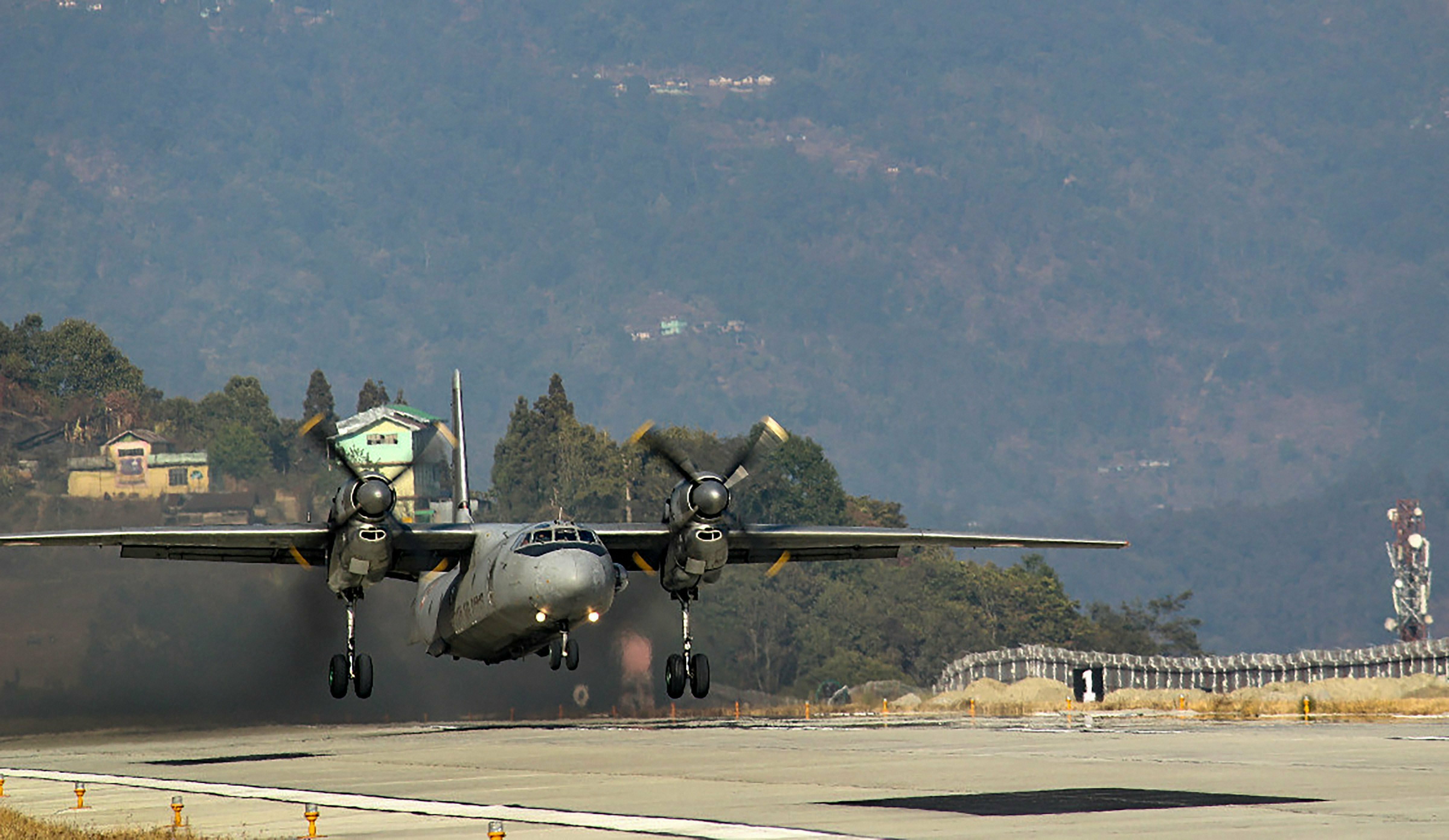 An AN-32 aircraft of 43 Sqn carries out a successful landing, at Pakyong airfield in Pakyong - PTI