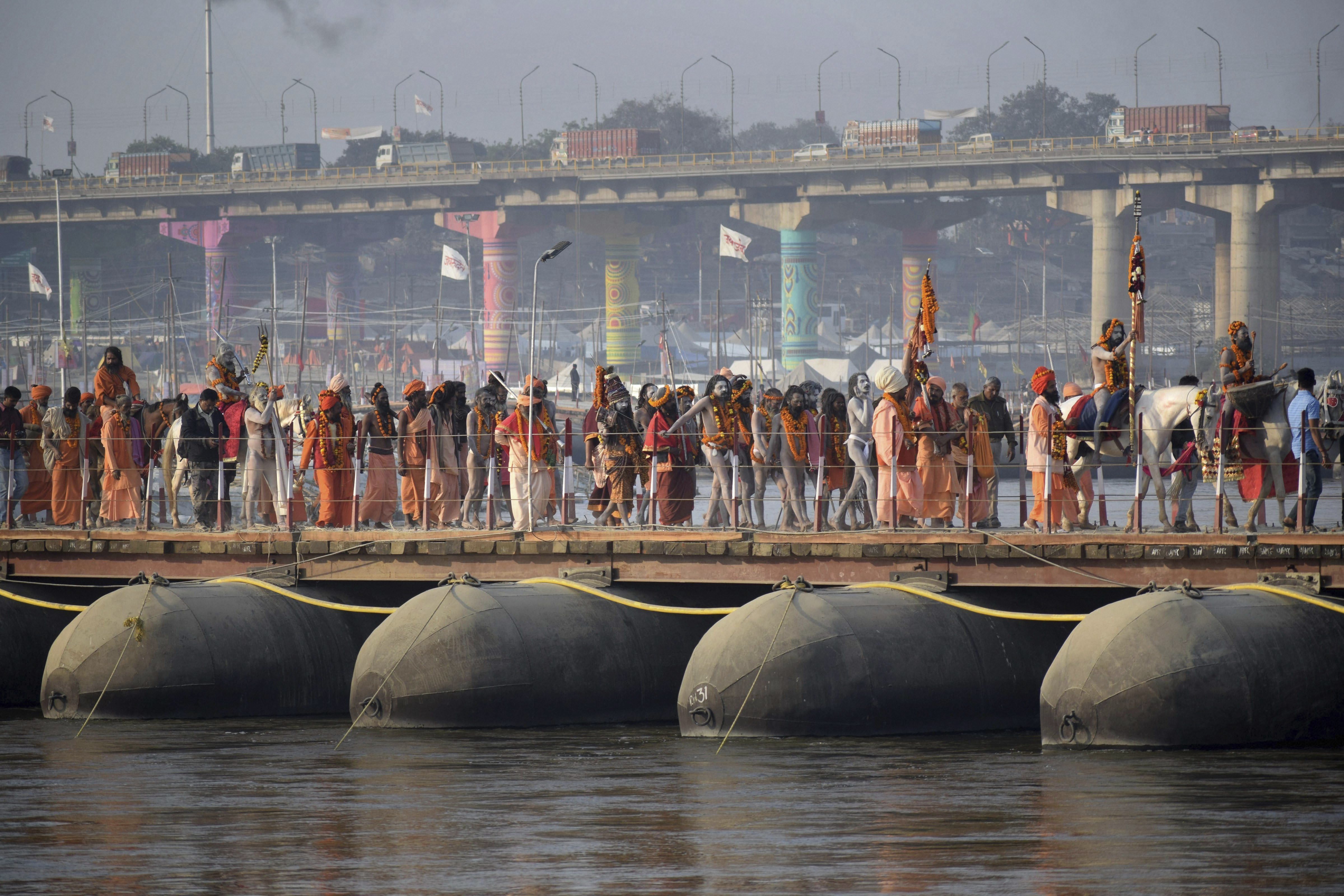 Sadhus take part in the Peshvai, a religious ceremony, ahead of the Kumbh Mela 2019, in Allahabad - PTI
