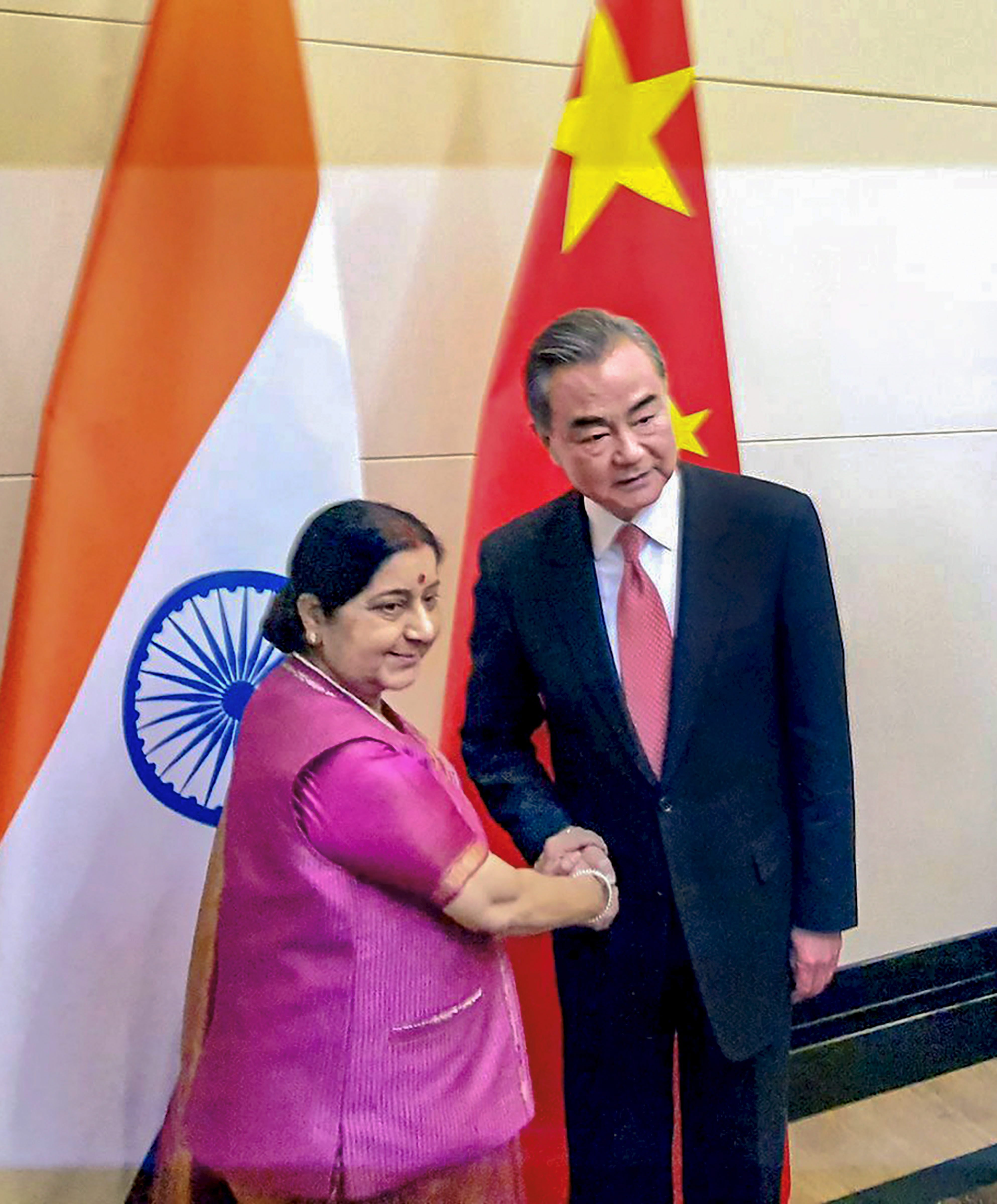 External Affairs Minister Sushma Swaraj meets Foreign Minister of China Wang Yi on the sidelines of the meeting of Shanghai Cooperation Organisation (SCO) Council of Foreign Ministers in Bishkek - PTI