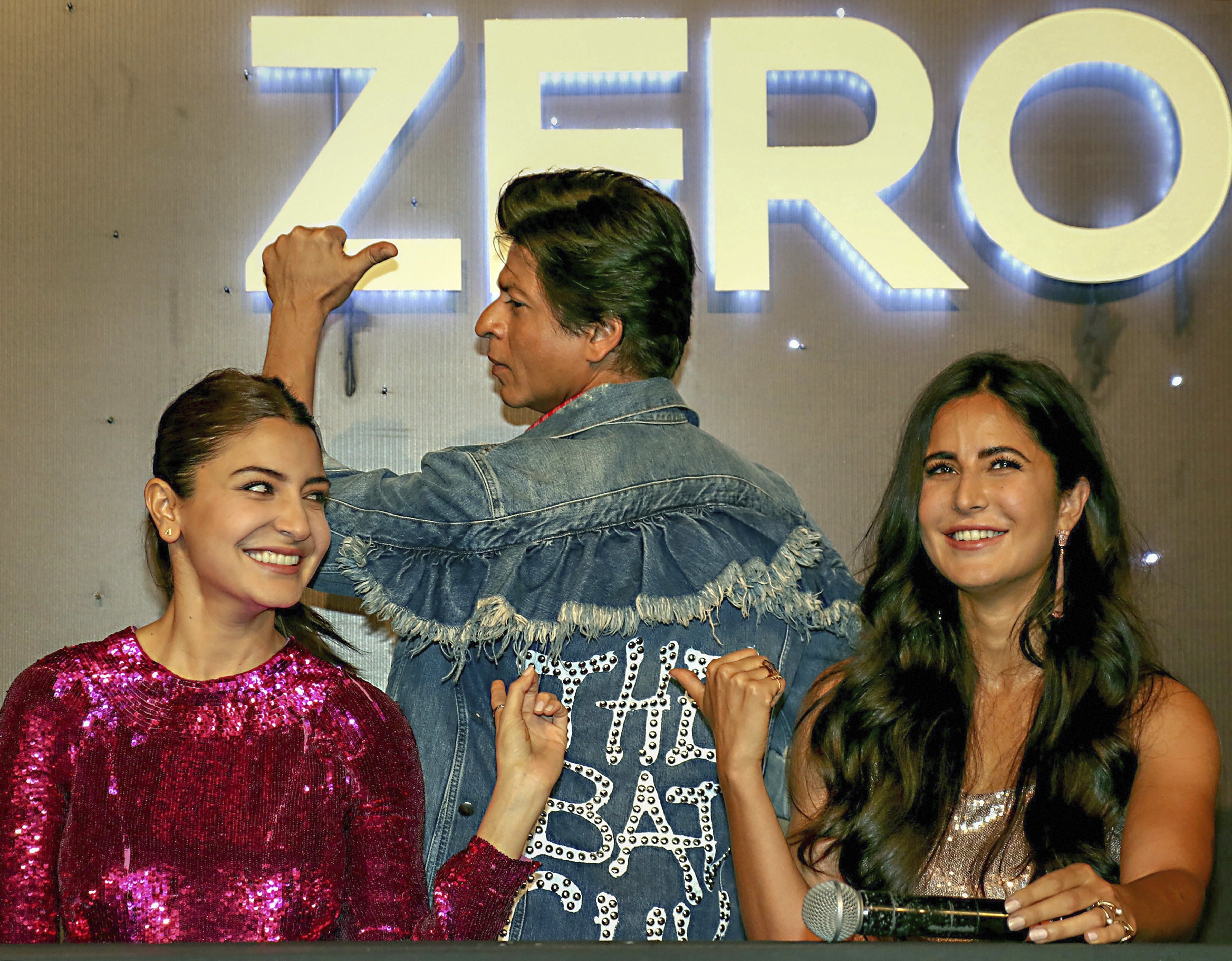 Bollywood actors Shah Rukh Khan with actress Katrina Kaif and Anushka Sharma during trailer launch of their upcoming film Zero in Mumbai - PTI