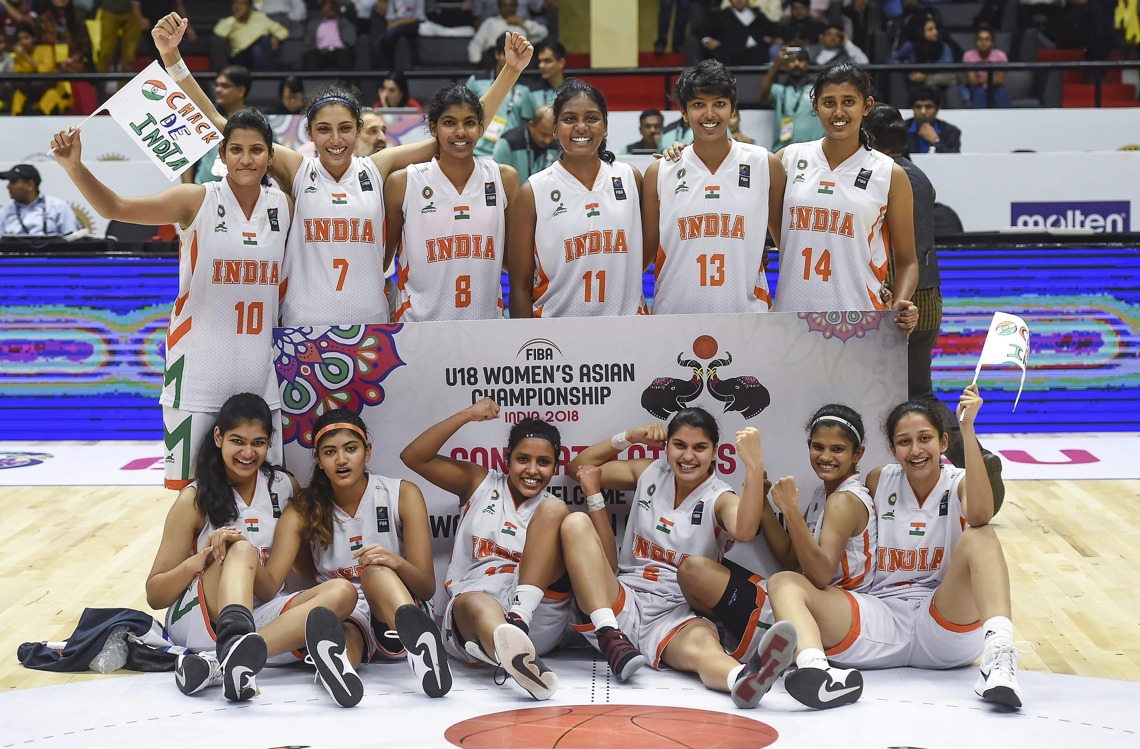 Indian women basketball players celebrate their win in the FIBA U18 Women's Asia Championship Division B Final match against Kazakhstan at Kanteerava Indoor Stadium in Bengaluru - PTI