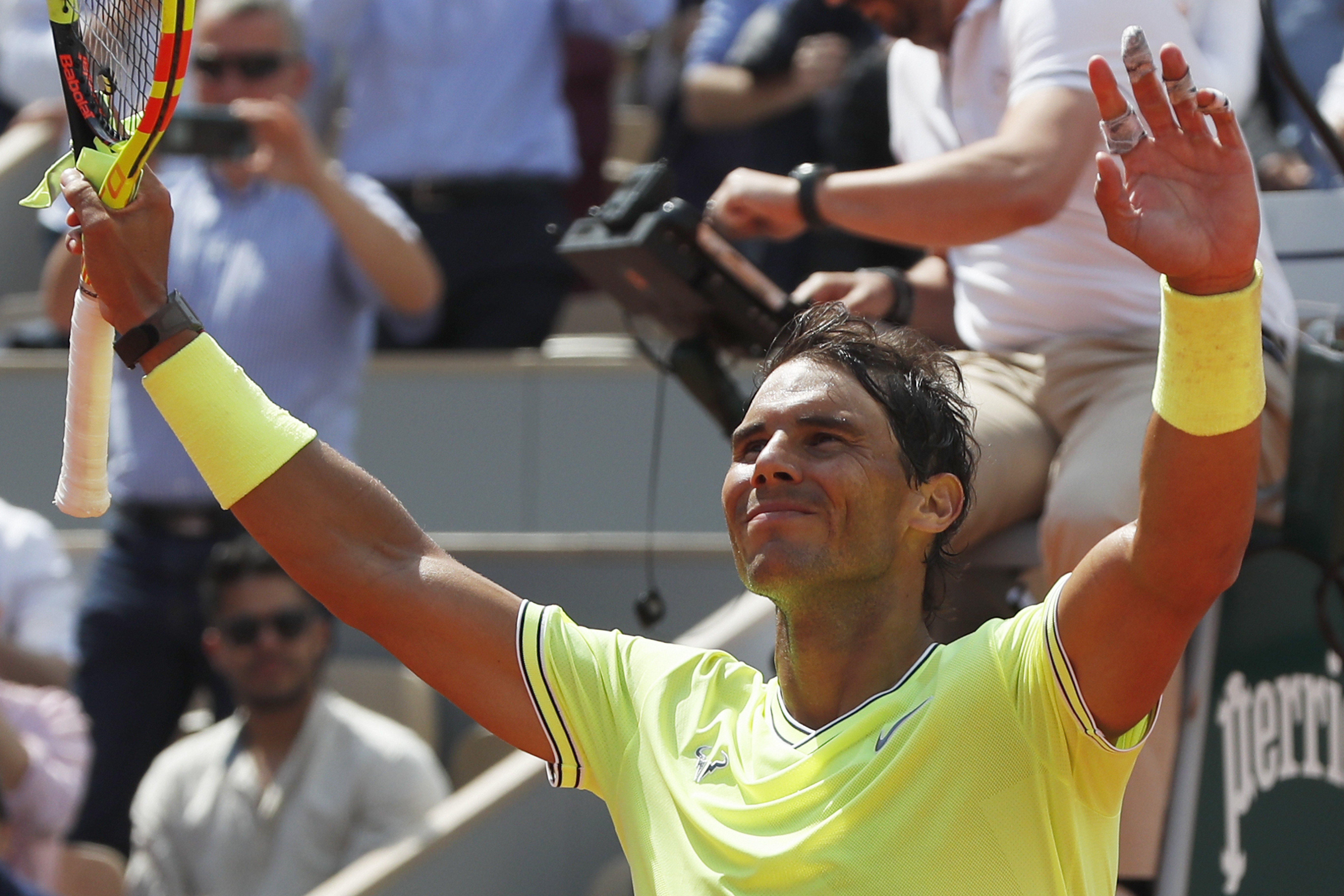 Spain's Rafael Nadal celebrates winning against Germany's Yannick Hanfmann in three sets 6-2, 6-1, 6-3, during their first round match of the French Open tennis tournament at the Roland Garros stadium in Paris - PTI