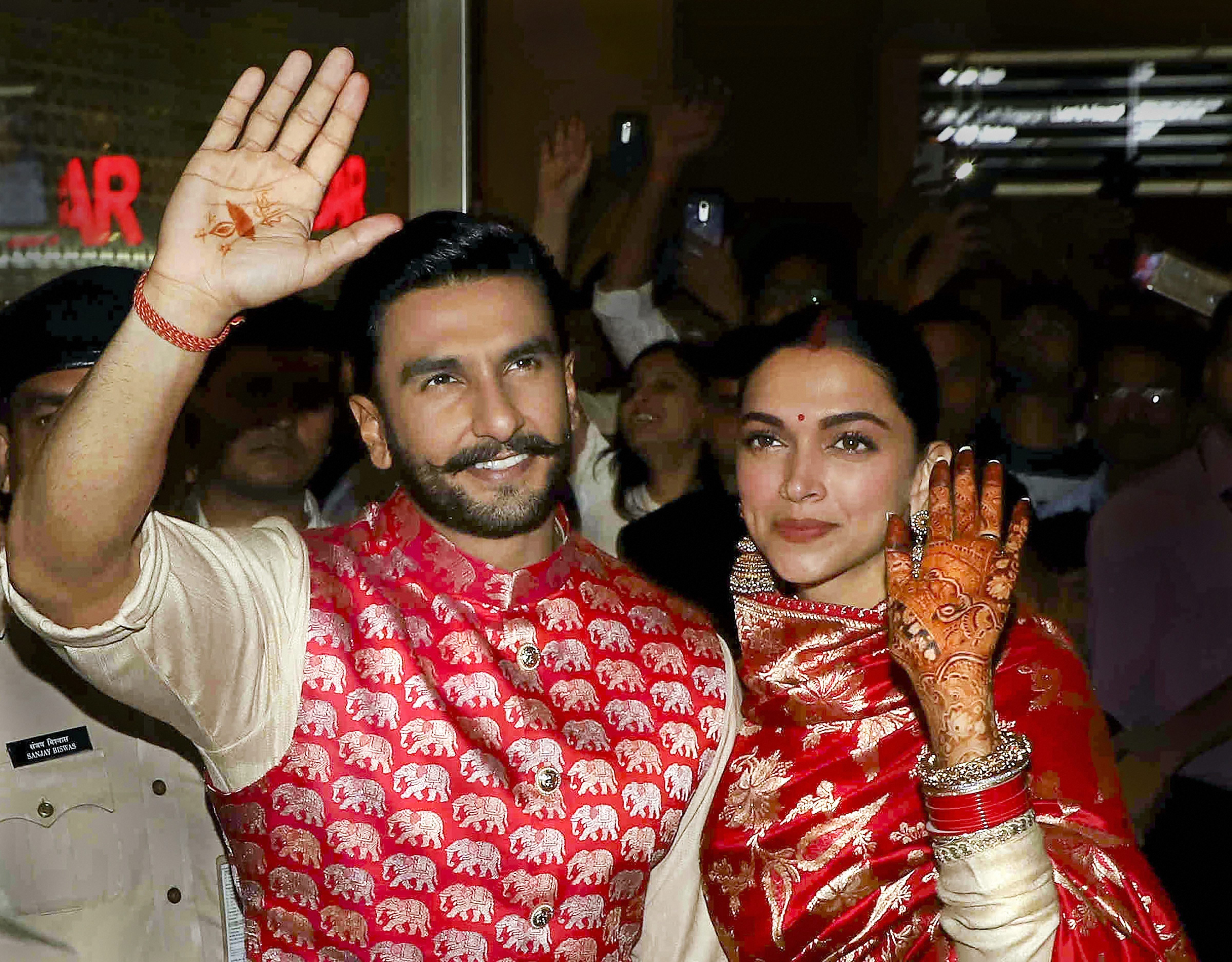 Newly-wed Bollywood stars Deepika Padukone and Ranveer Singh, who recently tied knot in a private ceremony at Lake Como in Italy, on their arrival in Mumbai - PTI