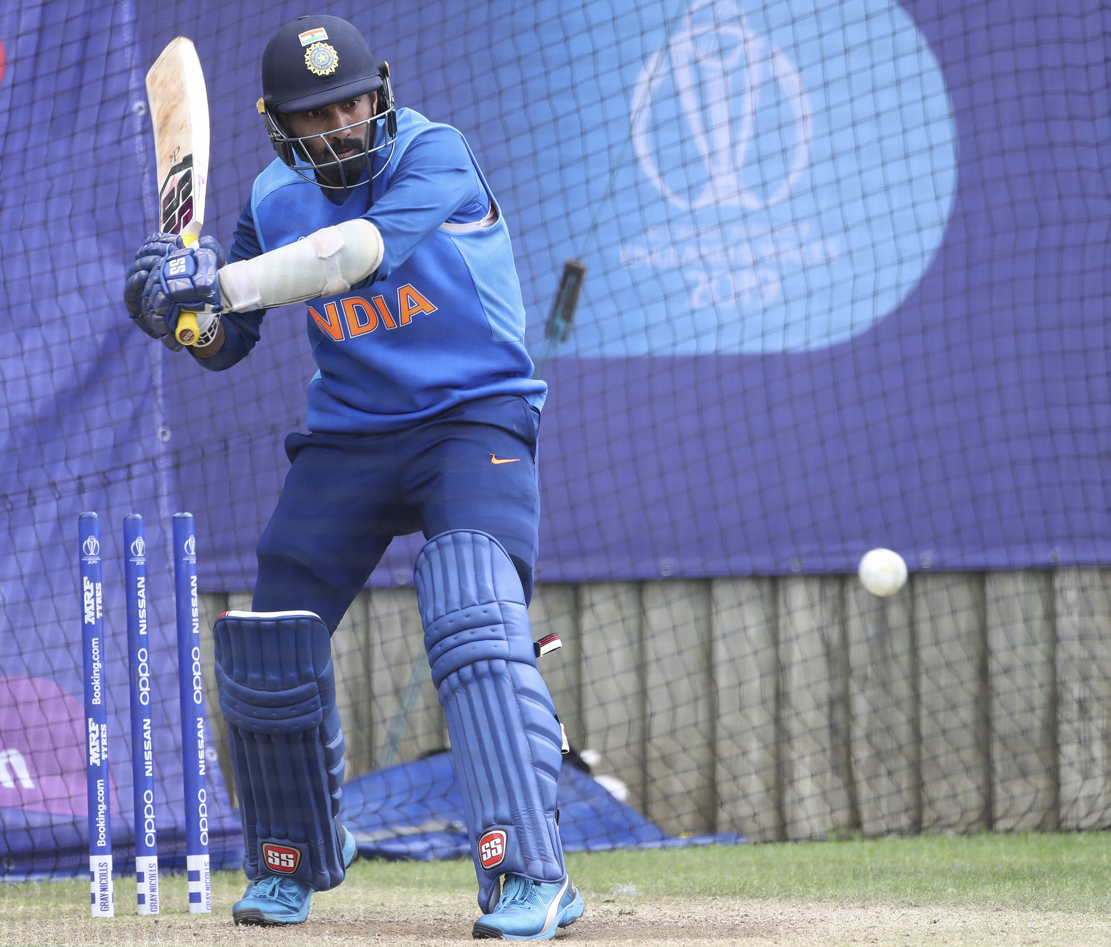 India's Dinesh Karthik bats in the nets during a training session ahead of their Cricket World Cup match against South Africa at Ageas Bowl in Southampton - PTI