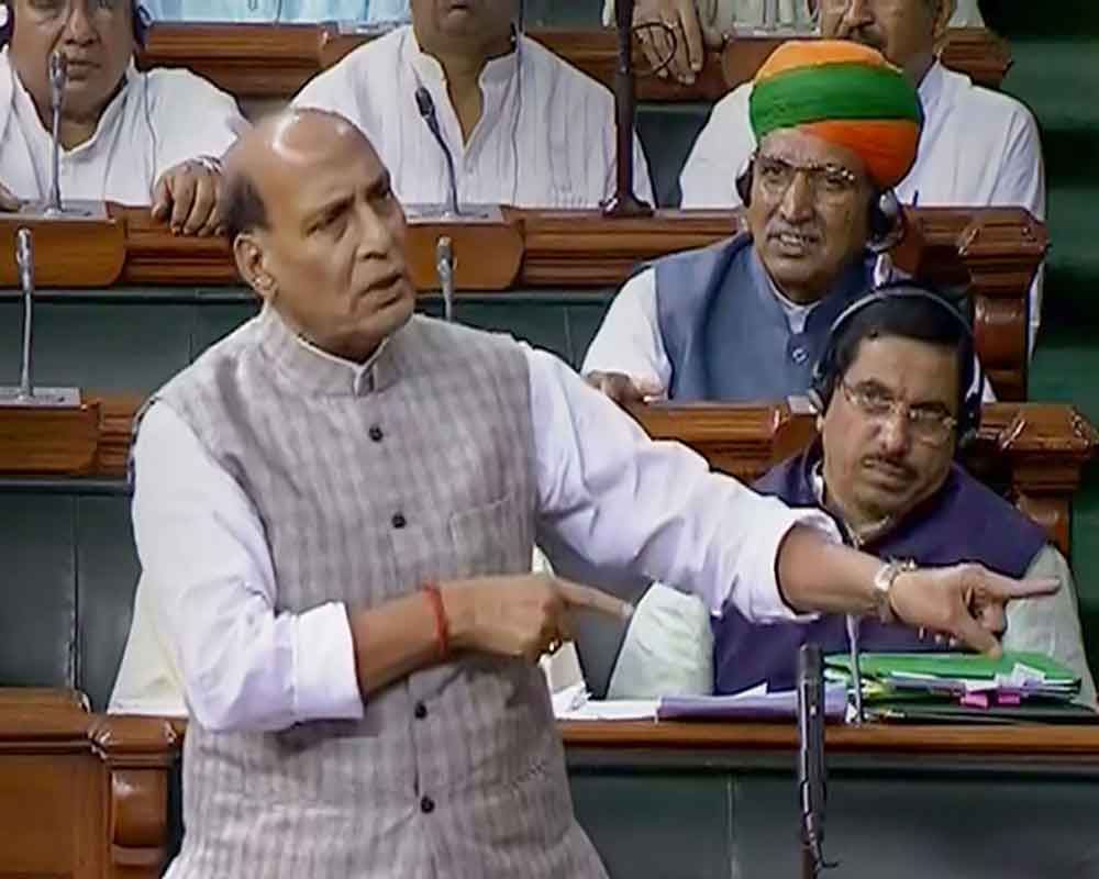Union Defence Minister Rajnath Singh speaks in the Lok Sabha during the Budget Session of Parliament, in New Delhi - PTI