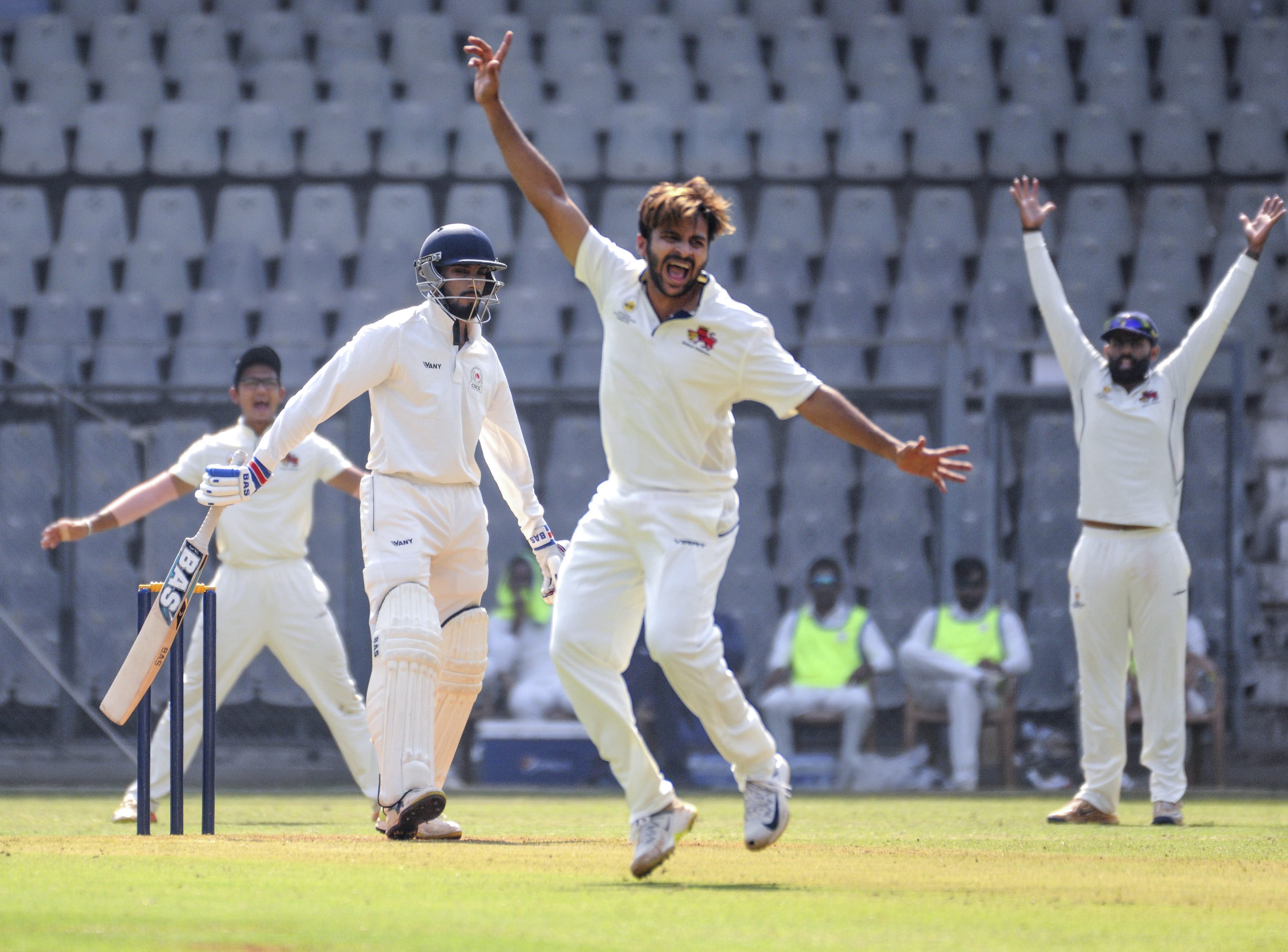Mumbai bowler Shardul Thakur reacts after taking a wicket during Ranji Trophy cricket match against Chhattisgarh, in Mumbai - PTI