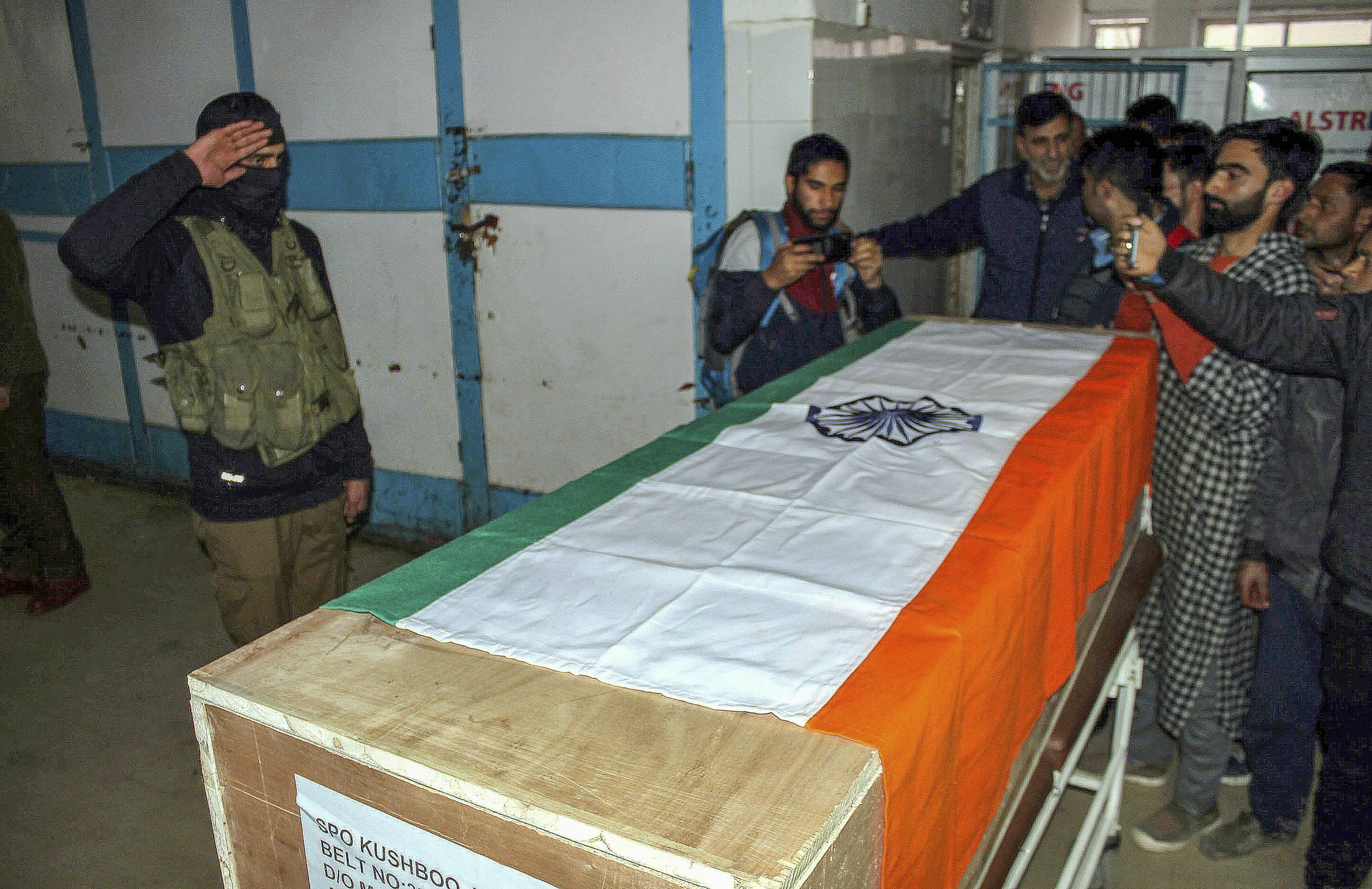 The mortal remains of SPO Khushboo Jan, who was shot dead by militants at her home, in Shopian - PTI