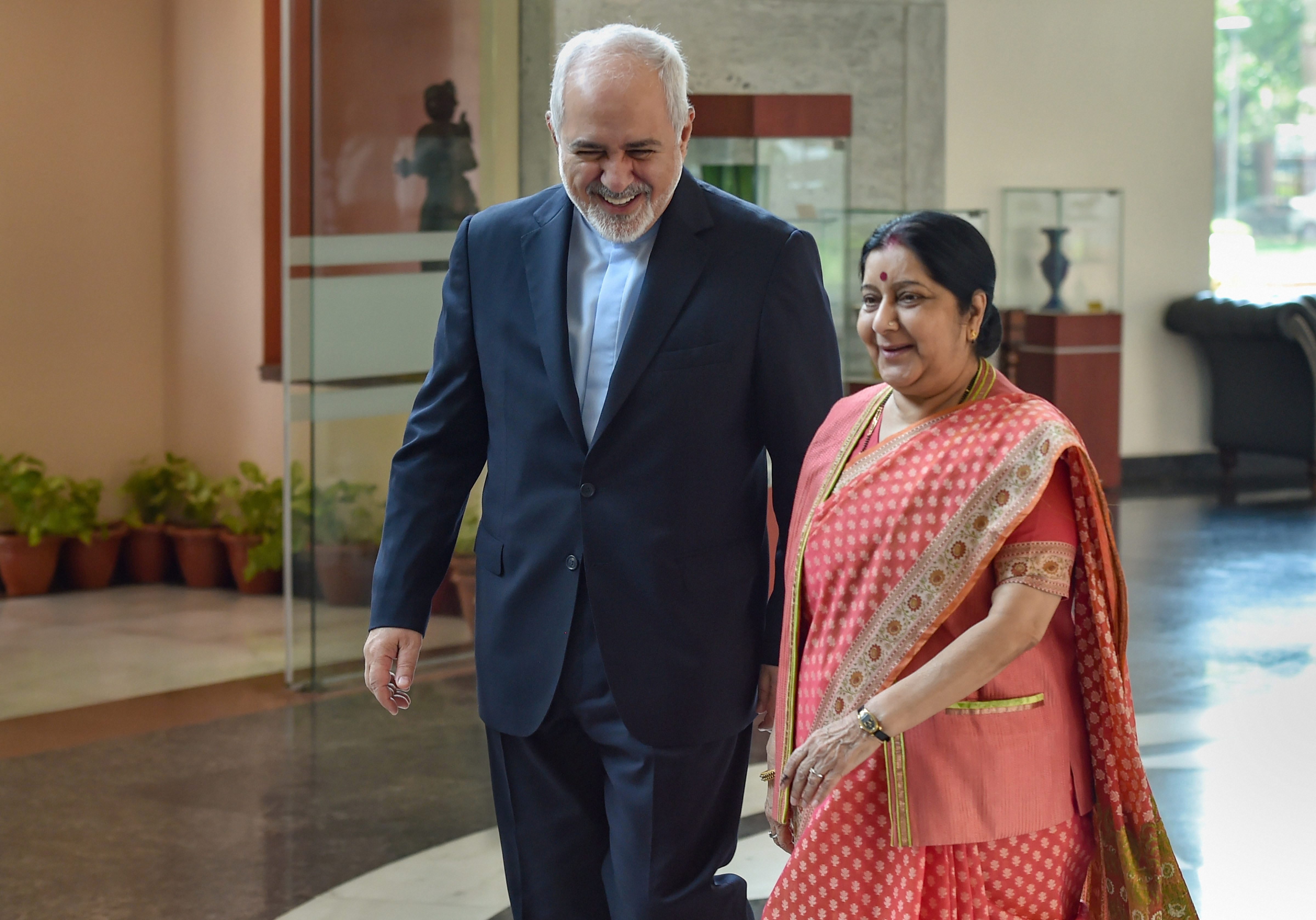 External Affairs Minister Sushma Swaraj and Iranian Foreign Minister Mohammad Javad Zarif before a meeting, in New Delhi - PTI