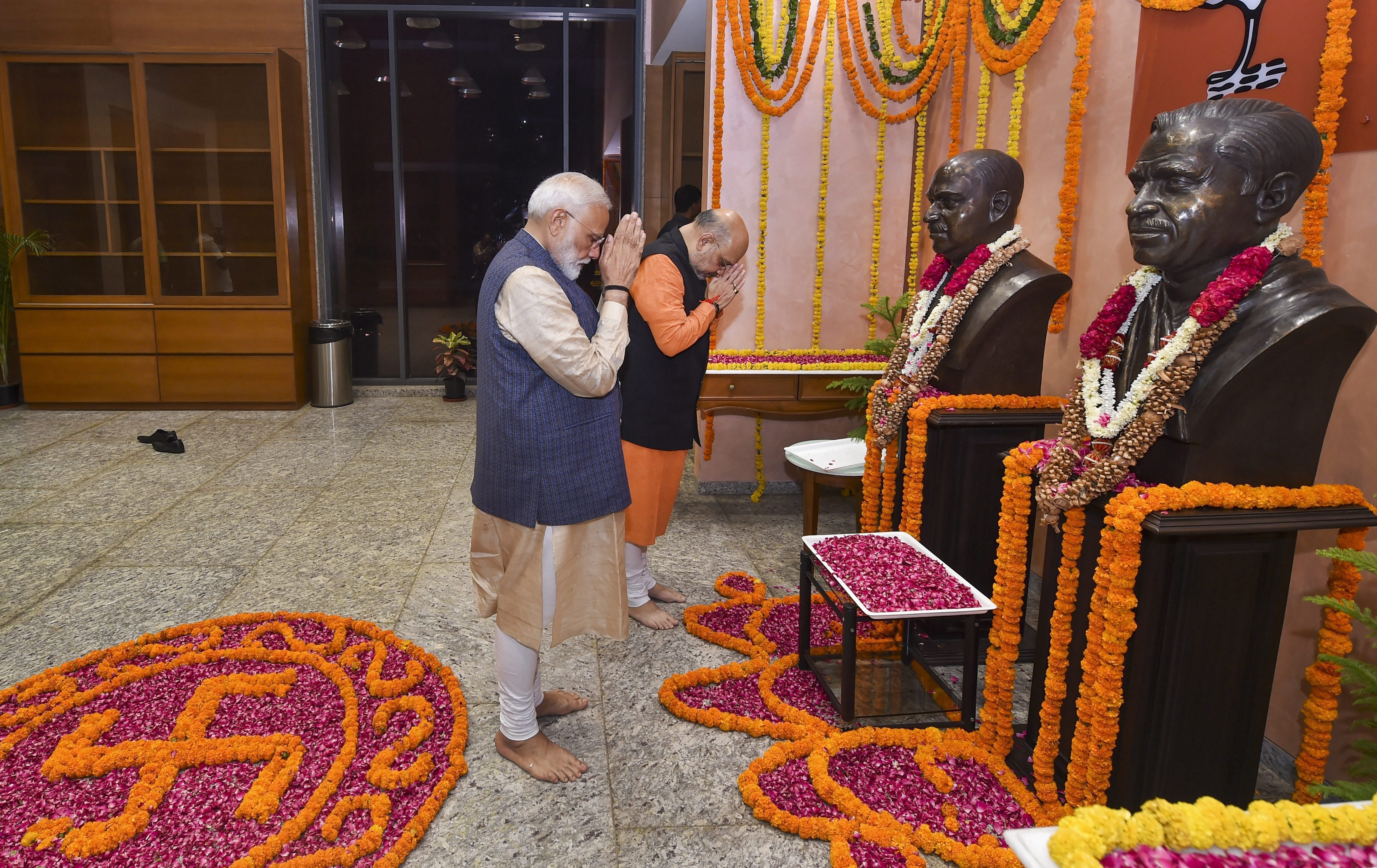 PM Narendra Modi pays tribute to SP Mukherjee and Deen Dayal Upadhyay after BJP's victory in the 2019 Lok Sabha elections - PTI
