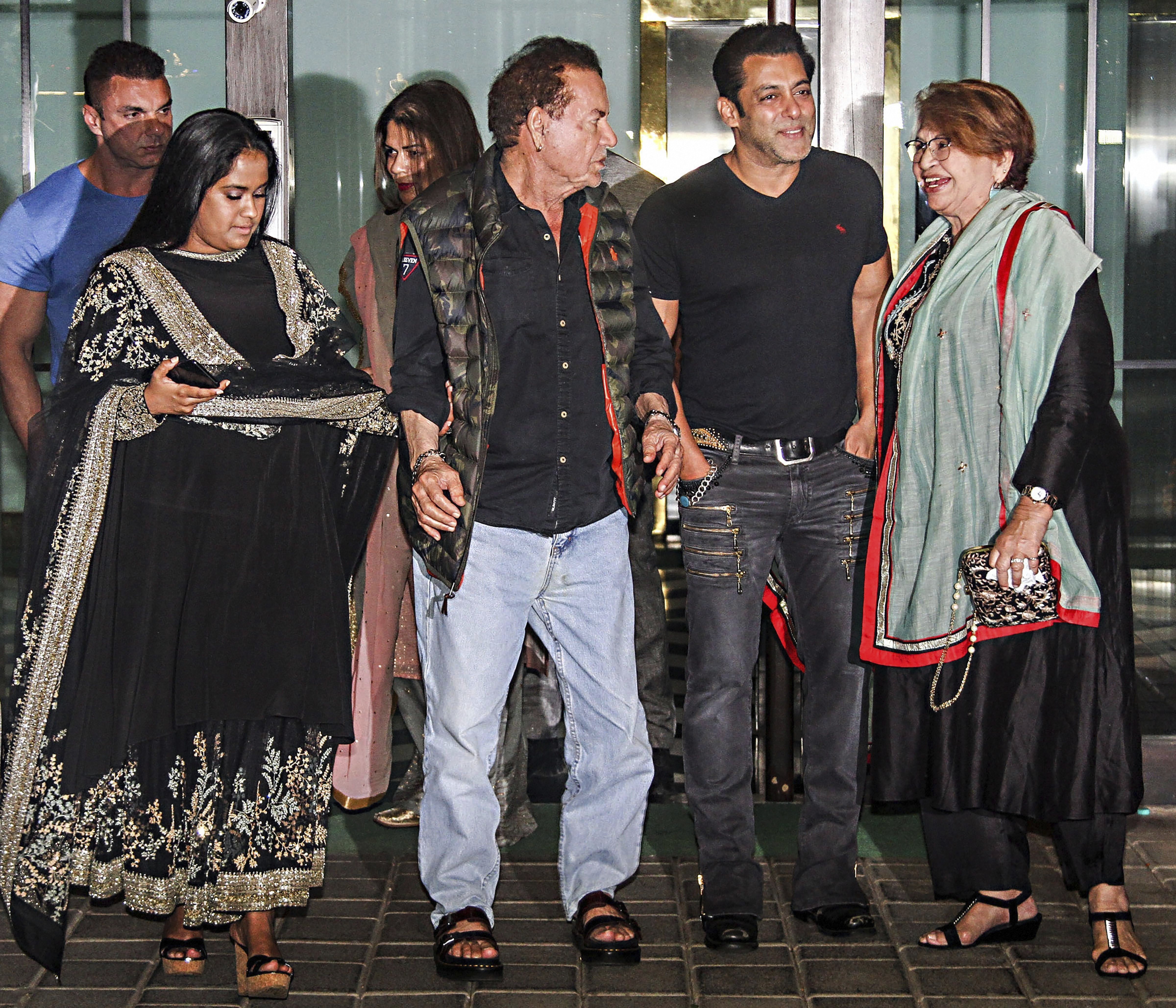 Bollywood actor Salman Khan, film actor, producer and screenwriter Salim Khan and Helen at the Diwali party of Arpita Khan in Mumbai - PTI