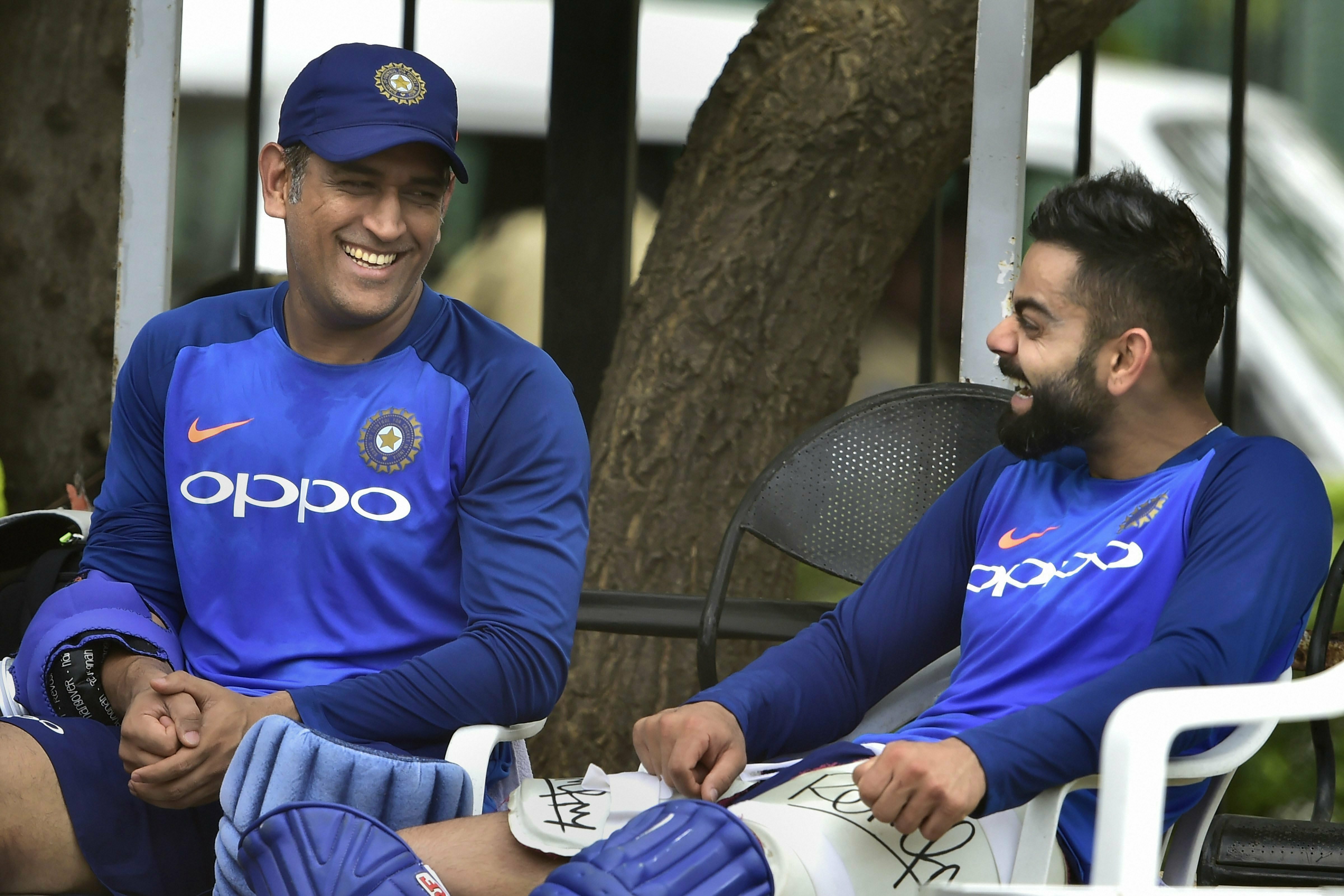 Indian cricket team captain Virat Kohli and MS Dhoni during a practice session ahead of their first One Day International (ODI) series cricket match against Australia at Rajiv Gandhi International Cricket Stadium, in Hyderabad - PTI
