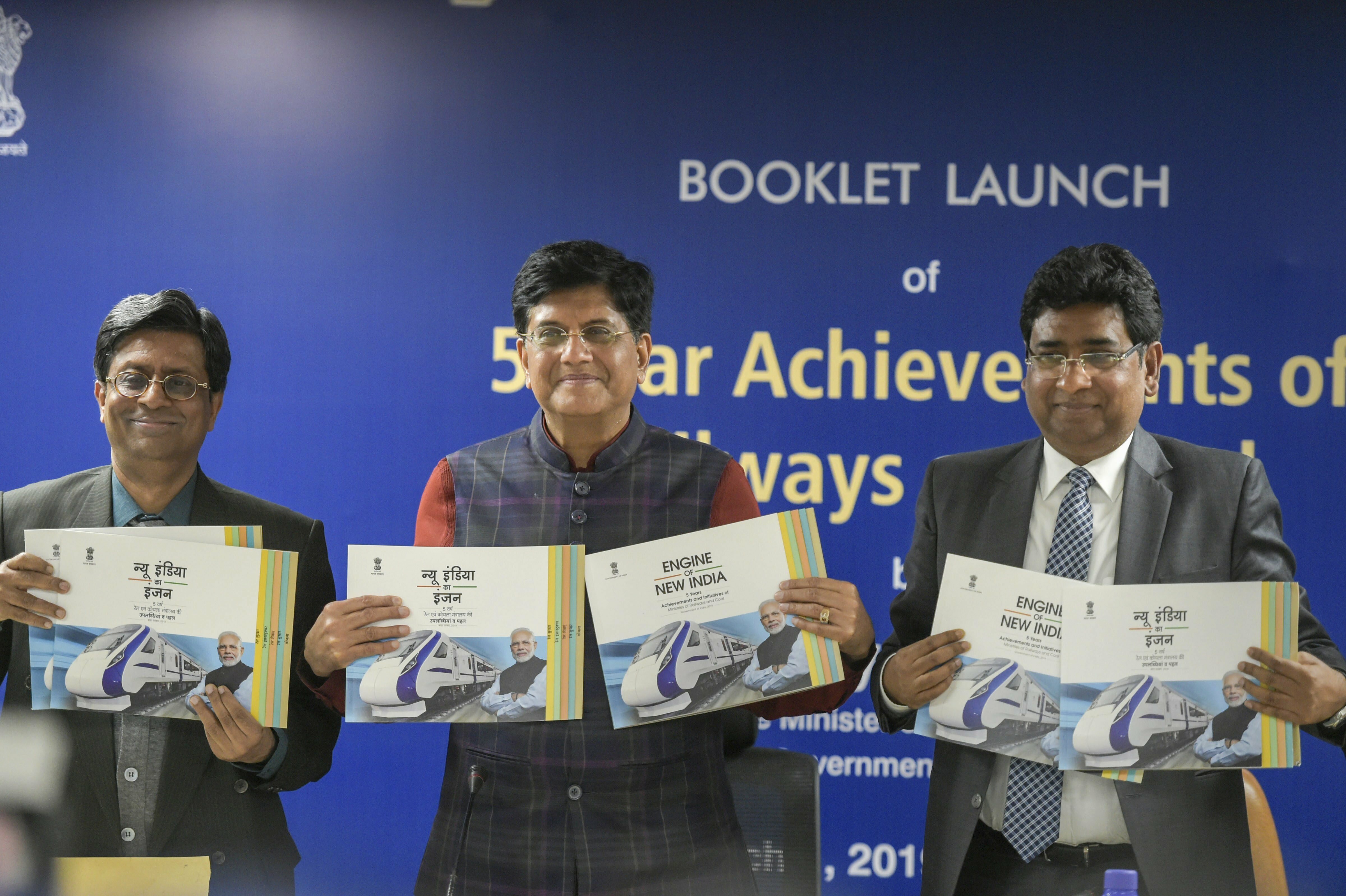 Union Minister for Railways and Coal Piyush Goyal, Chairman of Railway Board V K Yadav and Secretary Coal Sumanta Chjaudhuri at the launch of a booklet on 5 Years Achievements and Initiatives of Railways and Coal ministries, in New Delhi - PTI