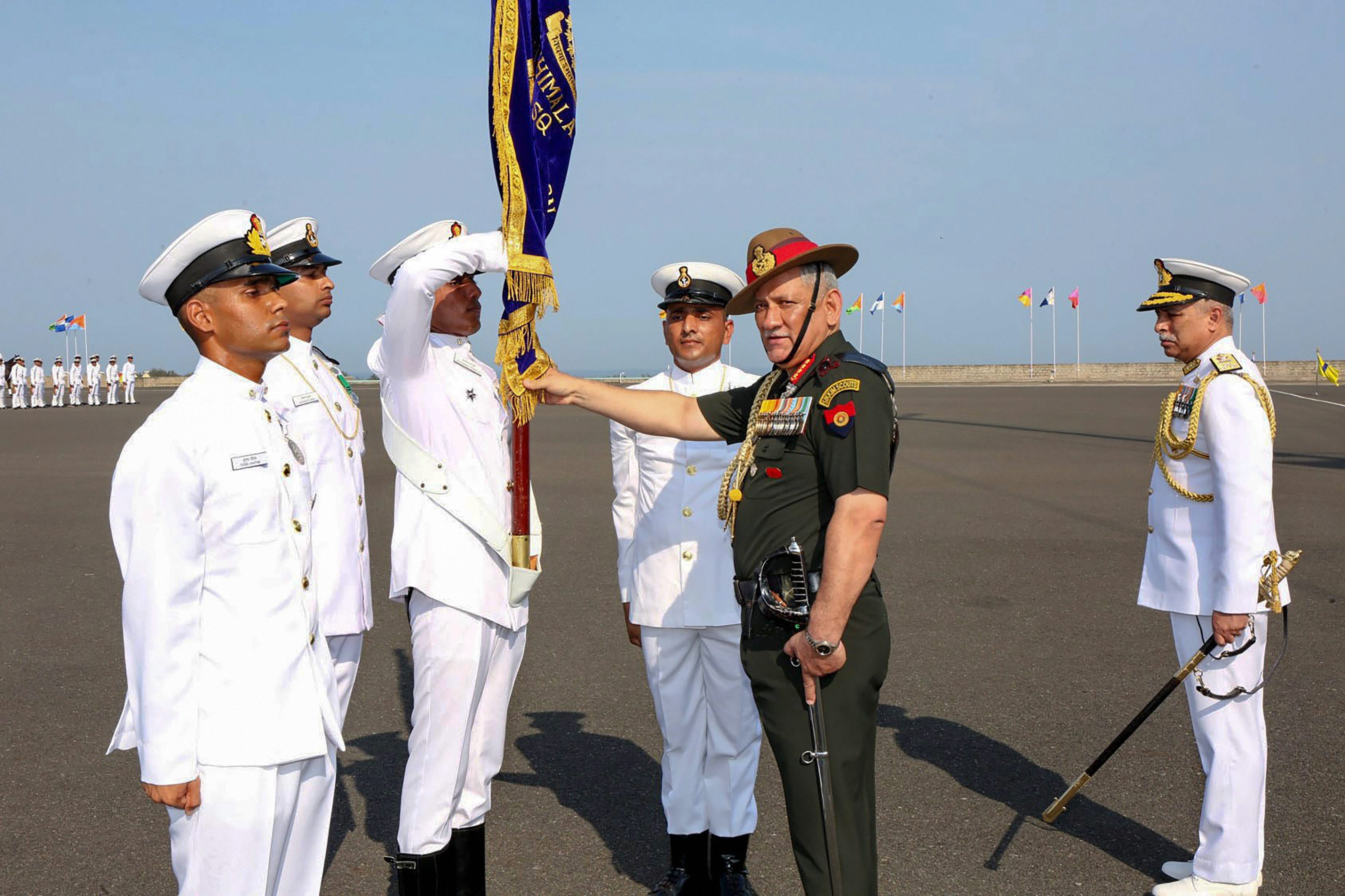 Chief of Army Staff, General Bipin Rawat conferring the champion squadron banner to Braveheart Squadron during the Spring Term 2019 passing out parade, at Indian Naval Academy, in Ezhimala, Kerala - PTI