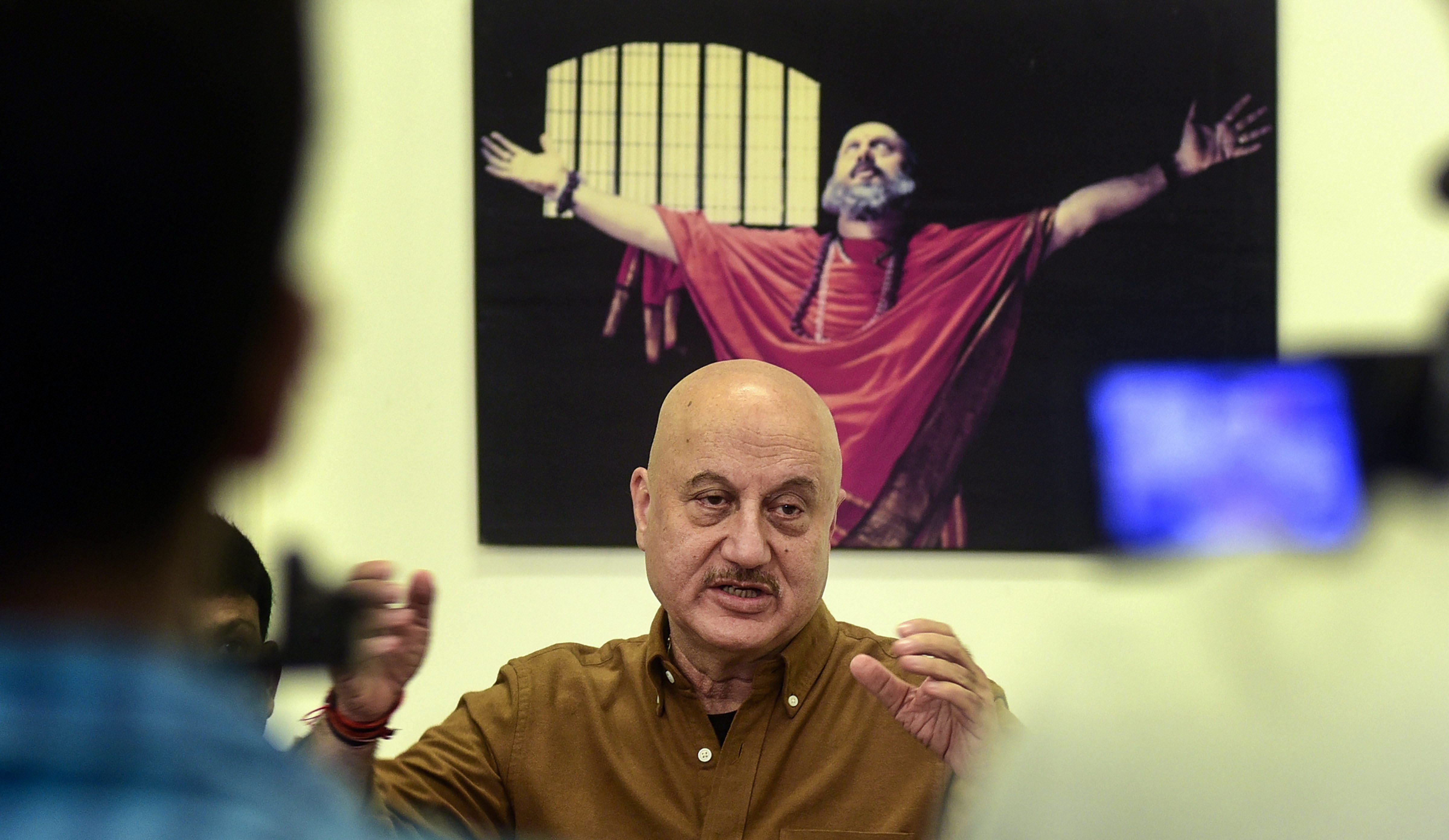 Bollywood actor Anupam Kher addresses a press conference which he had called after Maharashtra Youth Congress asked for a screening of the film prior to its release, a demand they later withdrew, in Mumbai - PTI