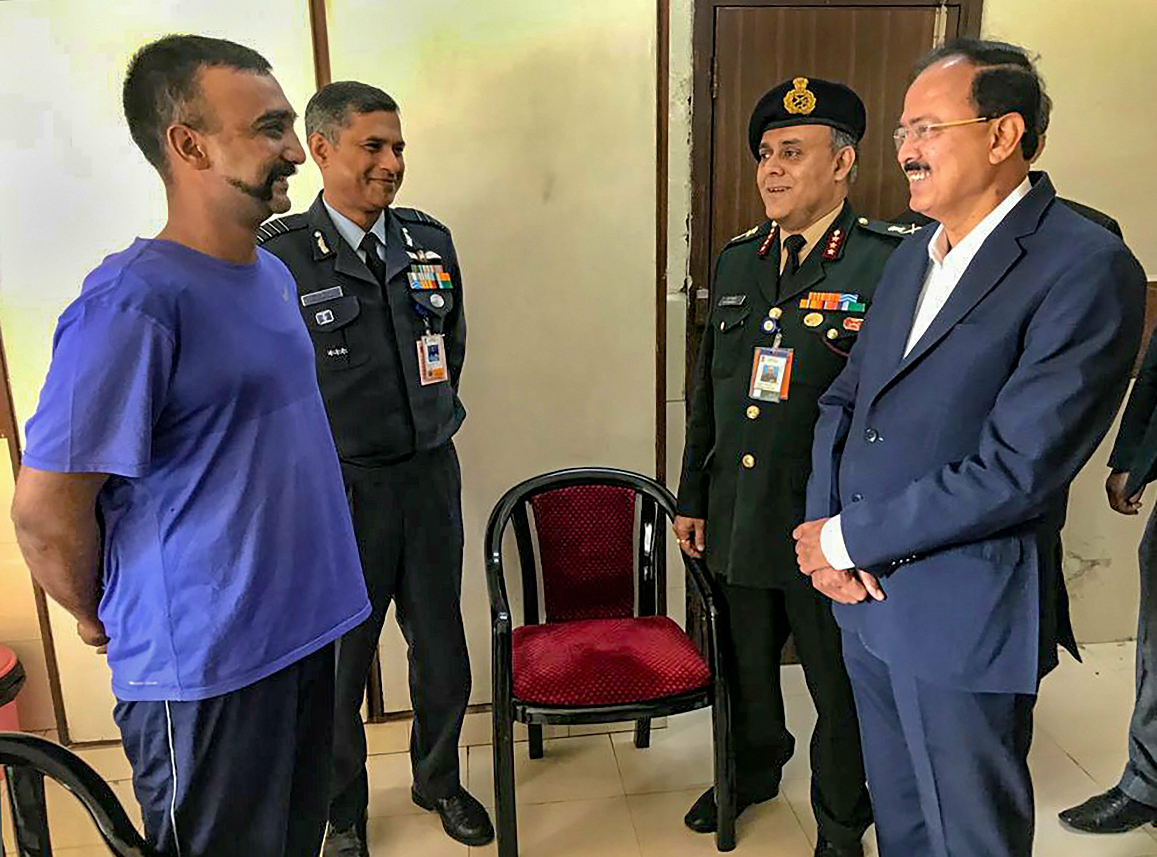 Minister of State for Defence Subhash Bhamre meets Indian Air Force (IAF) Wing Commander Abhinandan Varthaman at Research and Referral Hospital in New Delhi Cantonment in New Delhi - PTI