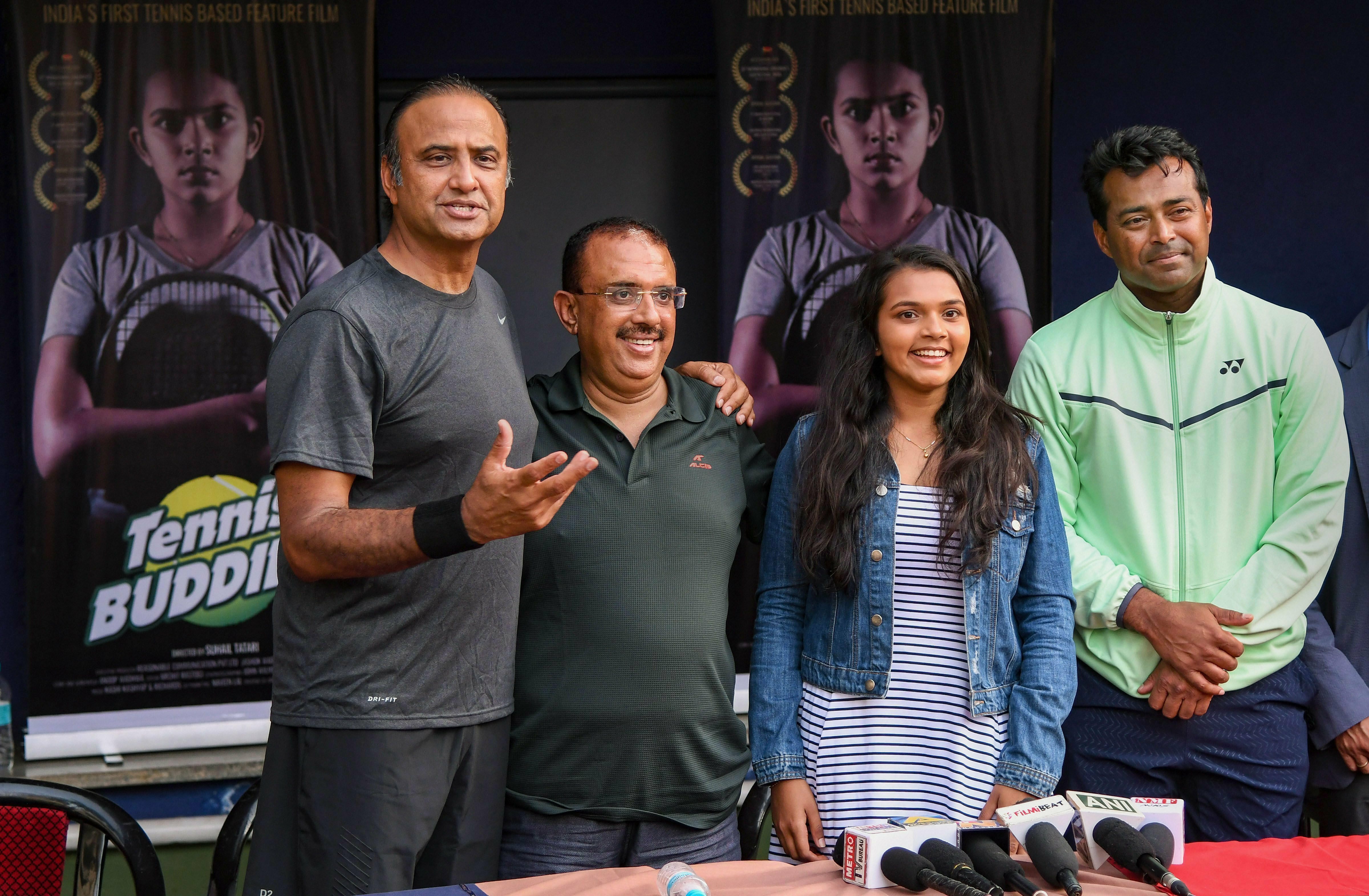 TV personality Charu Sharma, tennis player and lead actor in the film 'Tennis Buddies' Dakshita Patel, tennis legend Leander Paes and film producer Anoop Wadhwa at the unveiling of promo of the film, in Mumbai - PTI