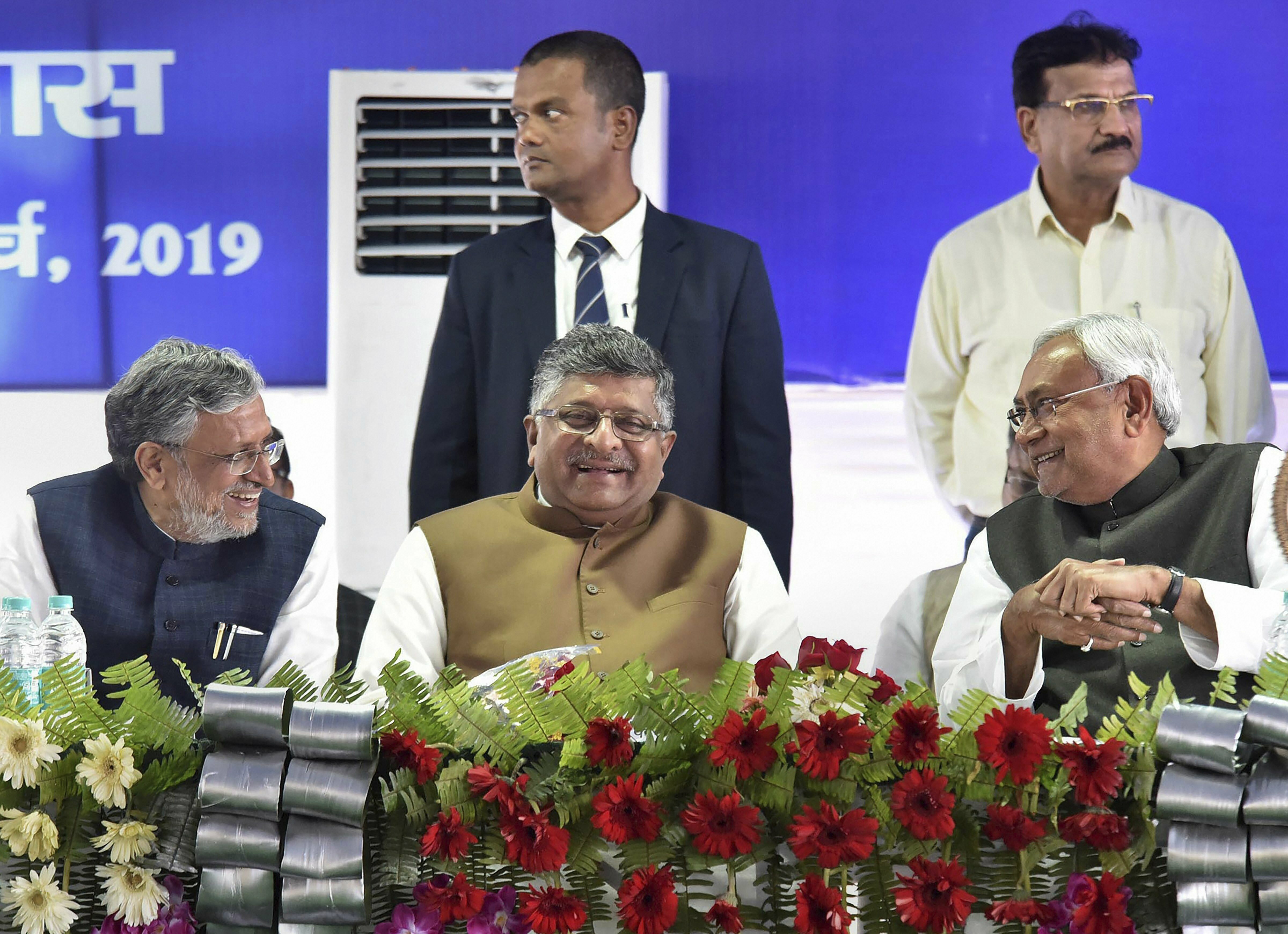 Bihar Chief Minister Nitish Kumar with Union Law and IT Minister Ravi Shankar Prasad and Bihar Deputy CM Sushil Kumar Modi during foundation laying stone of super-specialty Hospital, in the campus of PMCH, in Patna - PTI