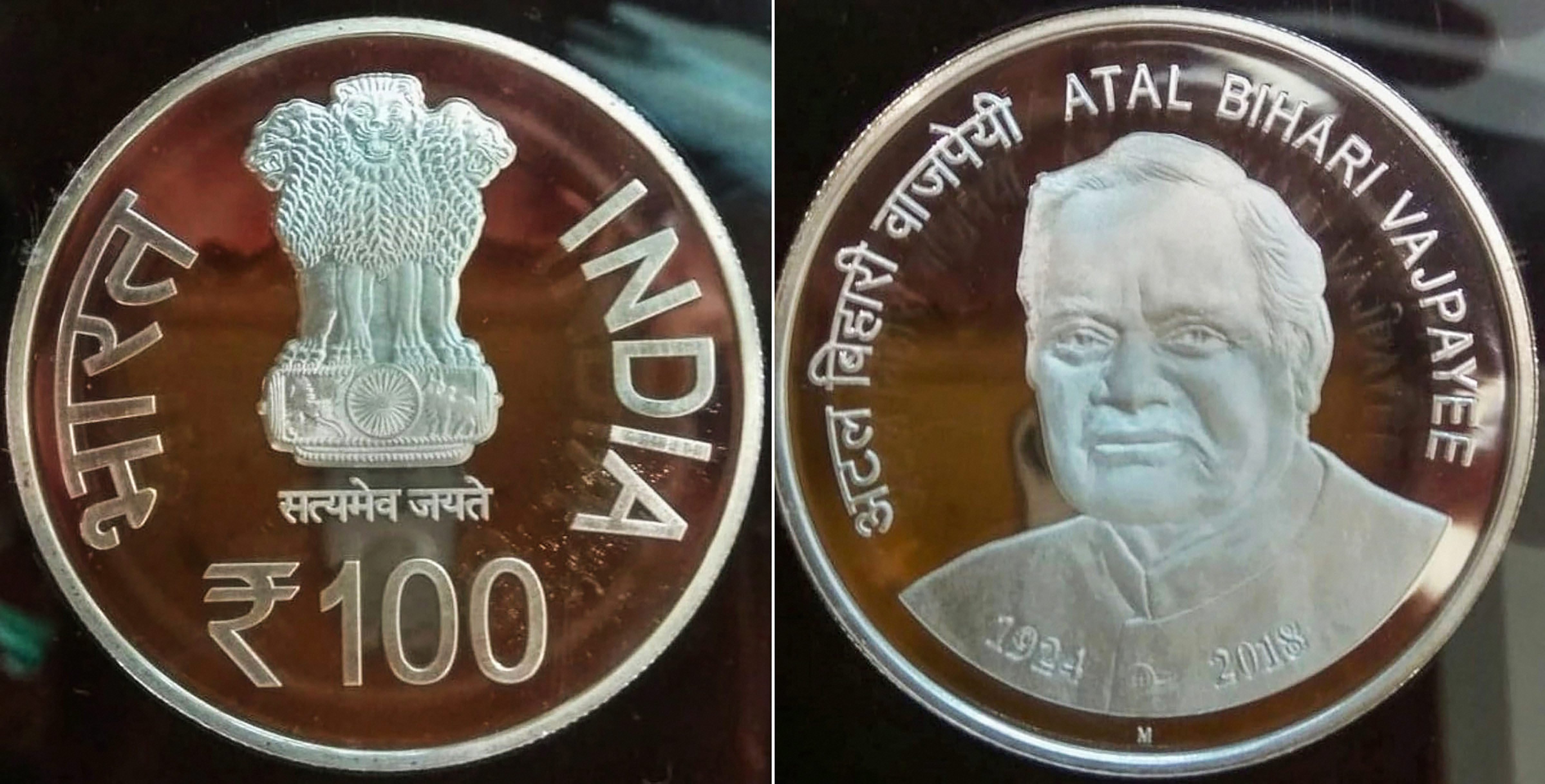 The Rs 100 commemorative coin which was released in the memory of the former prime minister Atal Bihari Vajpayee on the eve of his birth anniversary, in New Delhi - PTI