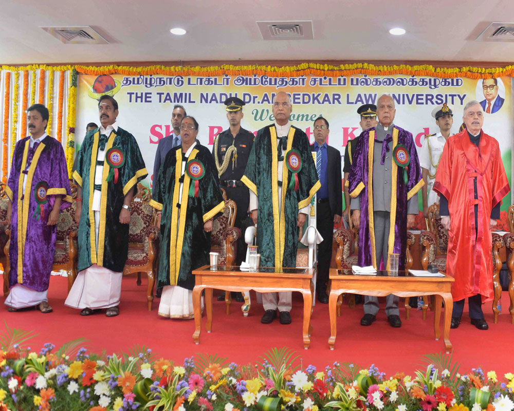 President Ram Nath Kovind presents the LL.D. (Honoris Causa) to three eminent judges at a special convocation ceremony at Tamil Nadu Dr. Ambedkar Law University, in Chennai - PTI