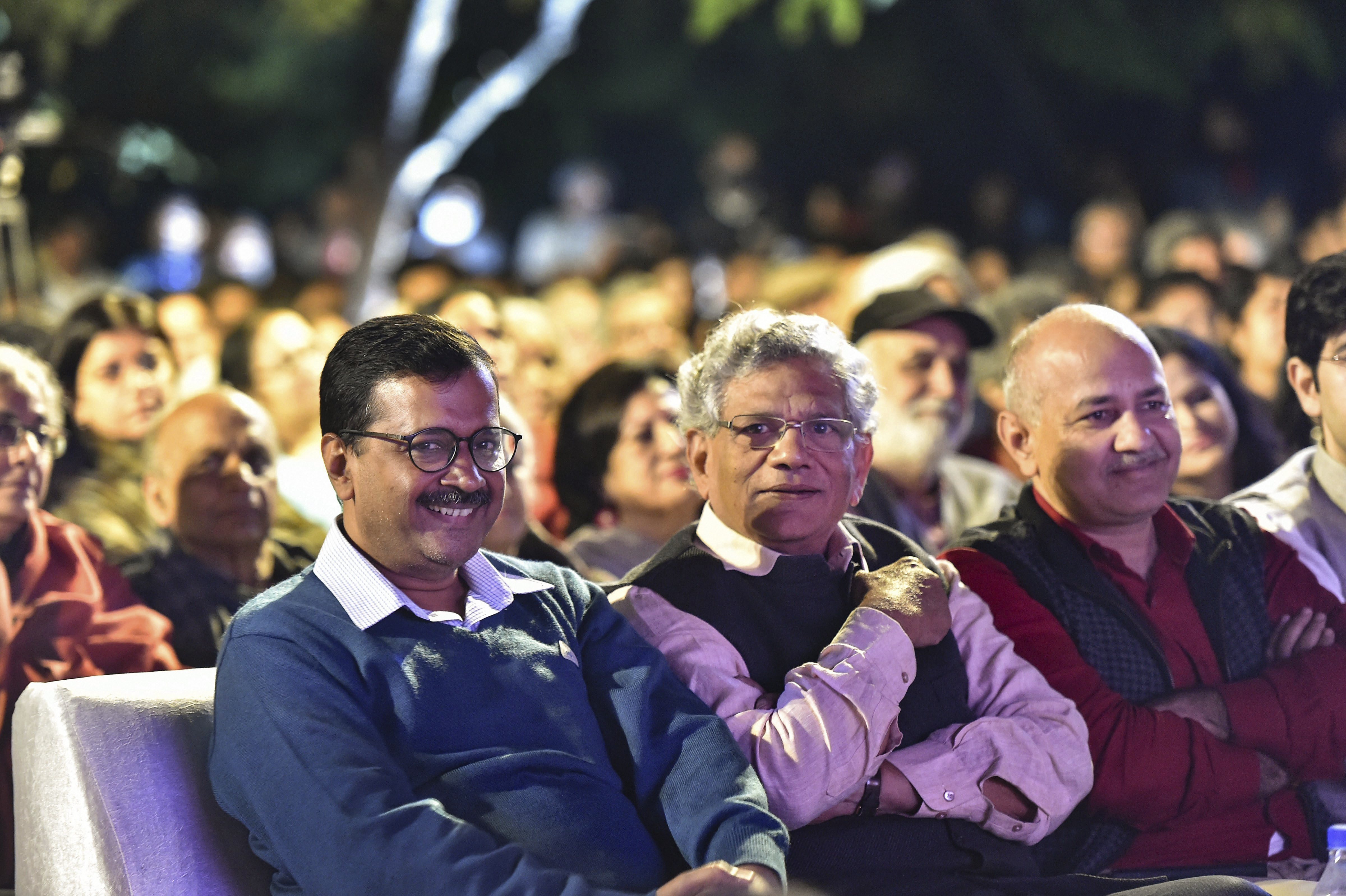 Delhi Chief Minister Arvind Kejriwal and his Dy CM Manish Sisodia with CPI(M) General Secretary Sitaram Yechury during the concert,