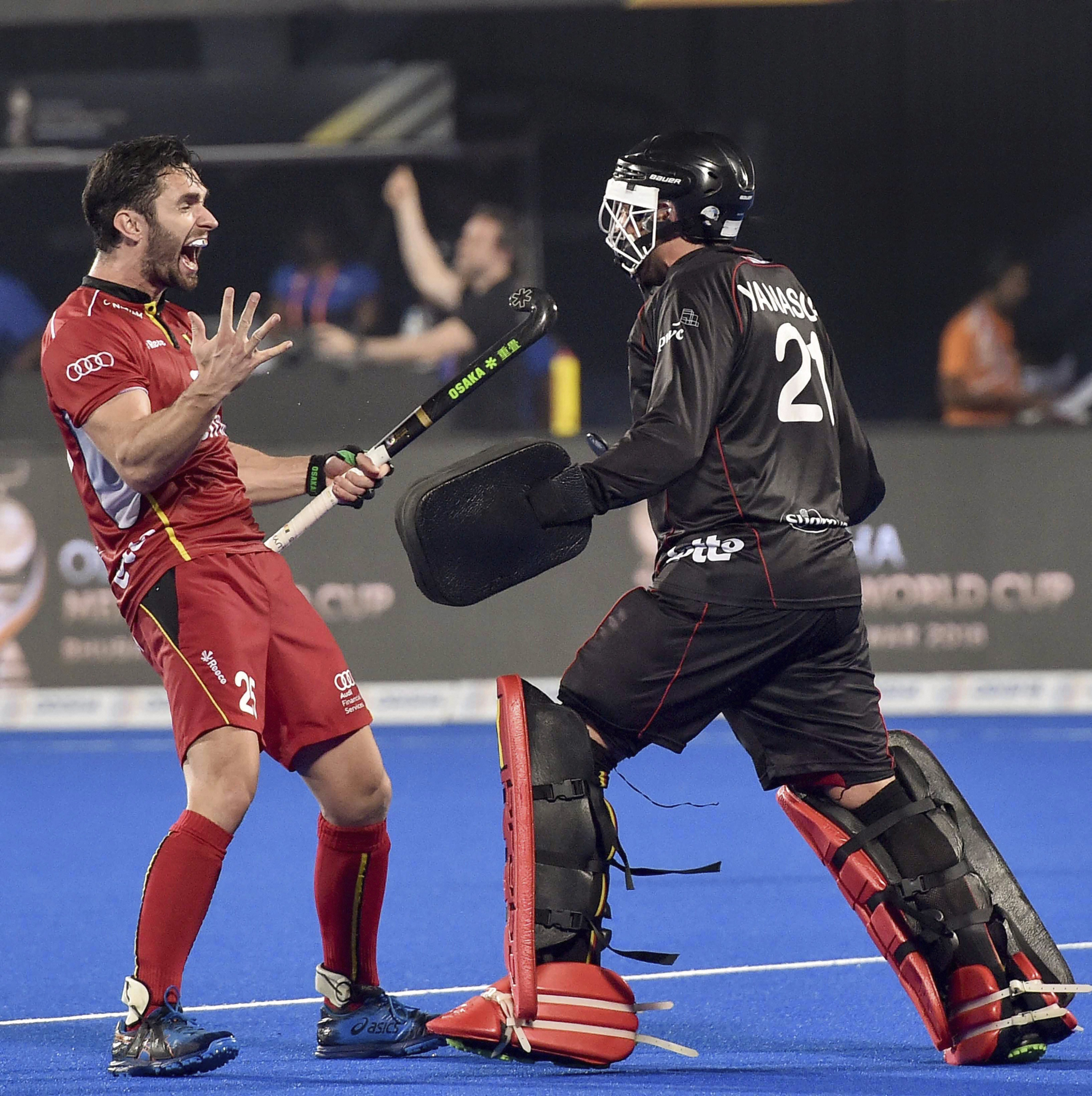Belgium players GK Vincent Vanasch and Loick Luypaert celebrate after winning their match against Germany during their quarterfinal match, at the Men's Hockey World Cup 2018, in Bhubaneswar - PTI