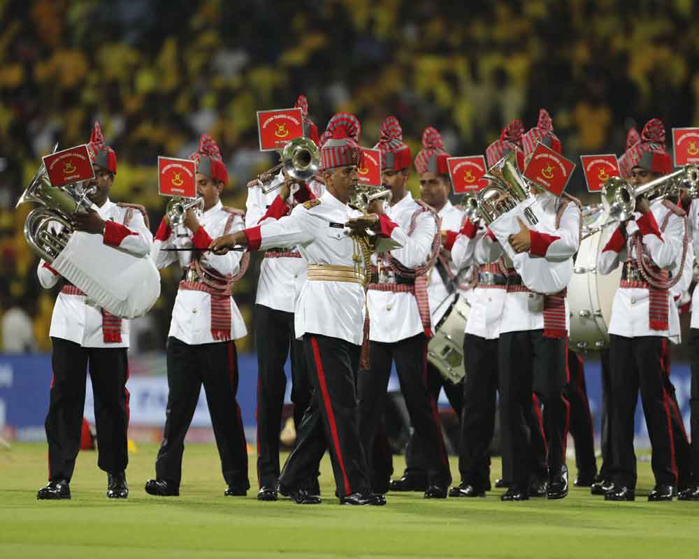 Members of an Indian military band perform before the start of the VIVO IPL T20 cricket match between Chennai Super Kings and Royal Challengers Bangalore in Chennai - AP