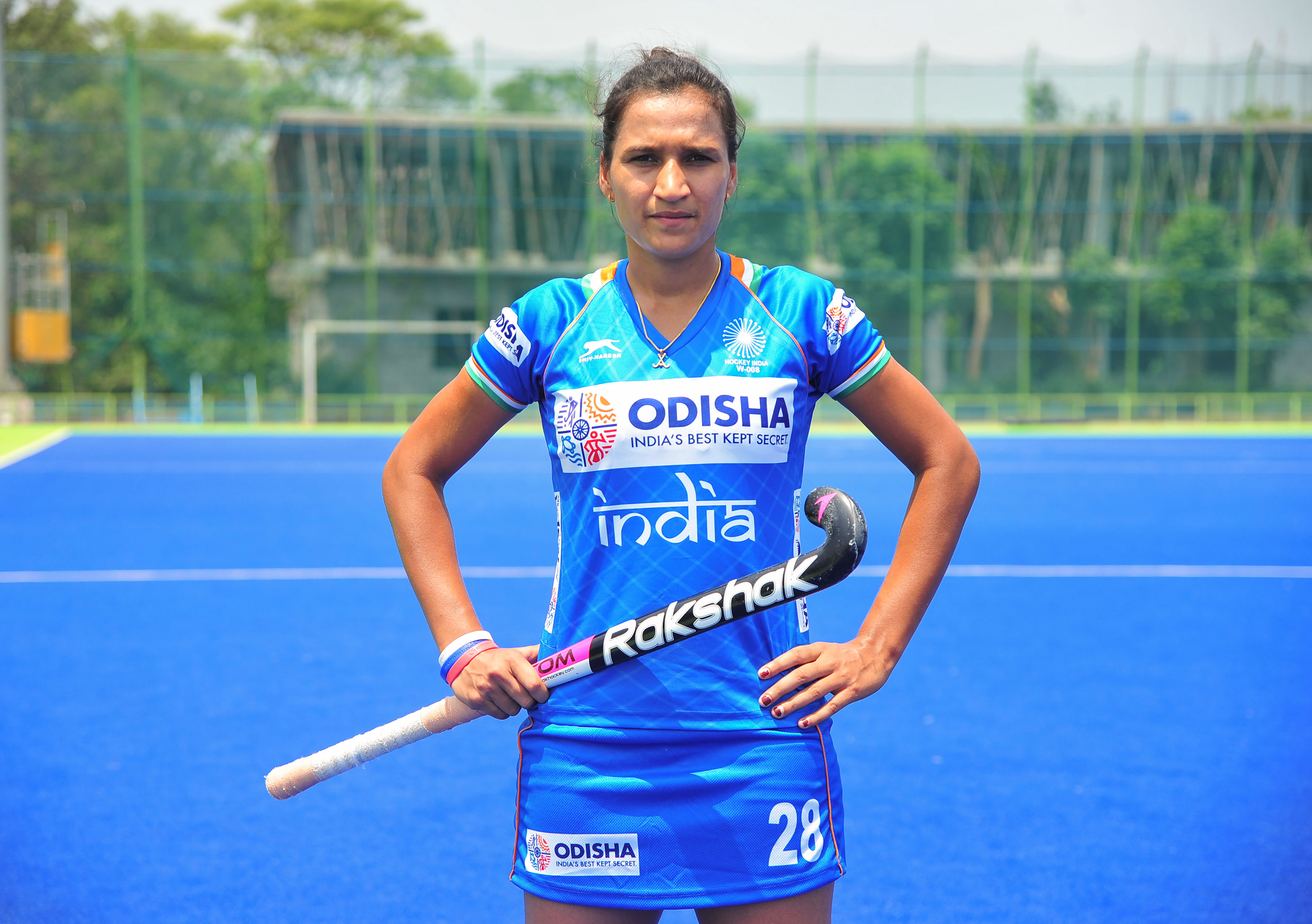 Indian women hockey team captain Rani Rampal dons new jersey during a practice session ahead of the FIH Women's Series finals, at Sports Authority of India (SAI)  in Bengaluru - PTI