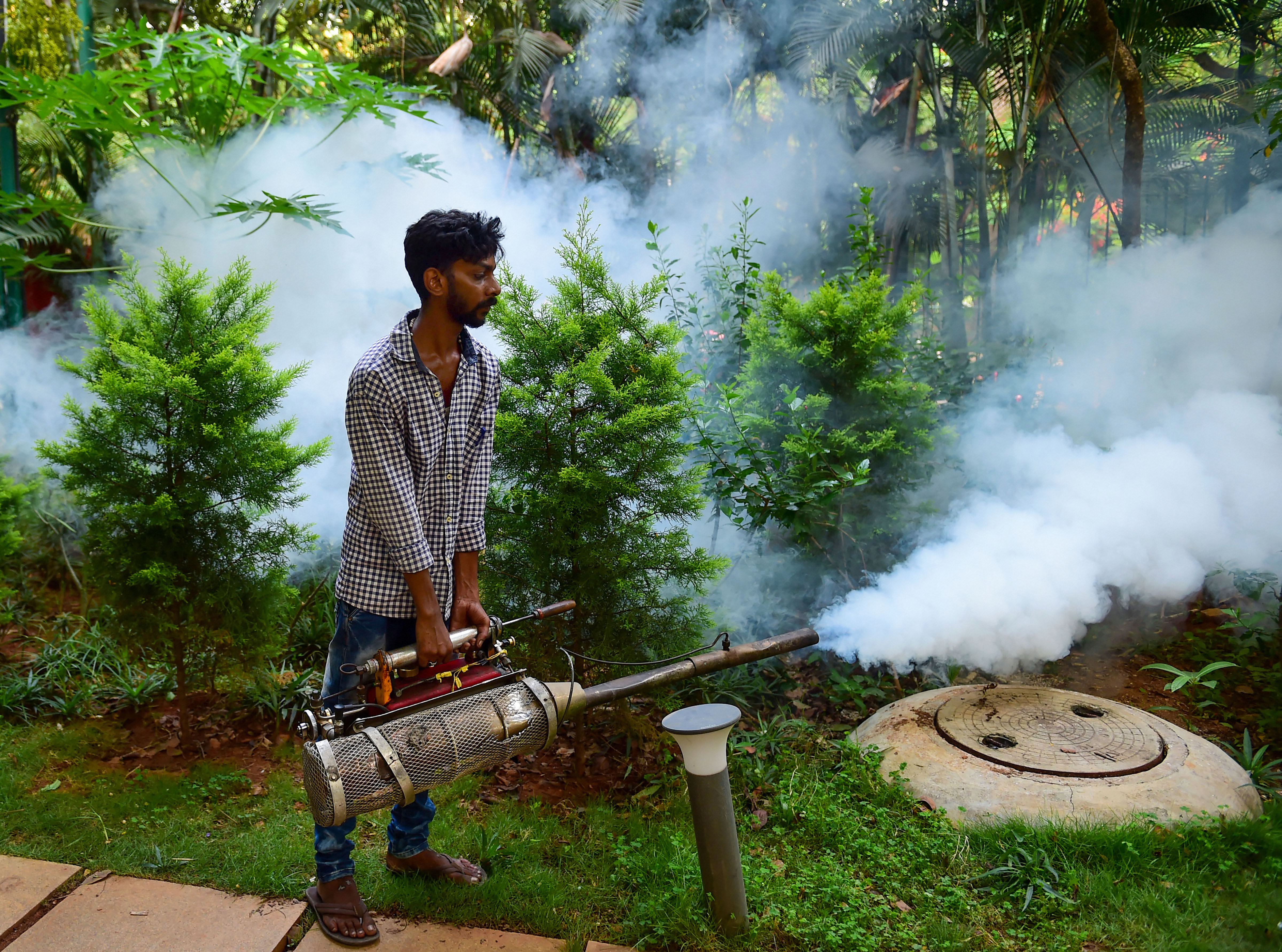 A municipal worker fumigates a public area as part of a preventive measure against mosquito-borne diseases, in Bengaluru - PTI
