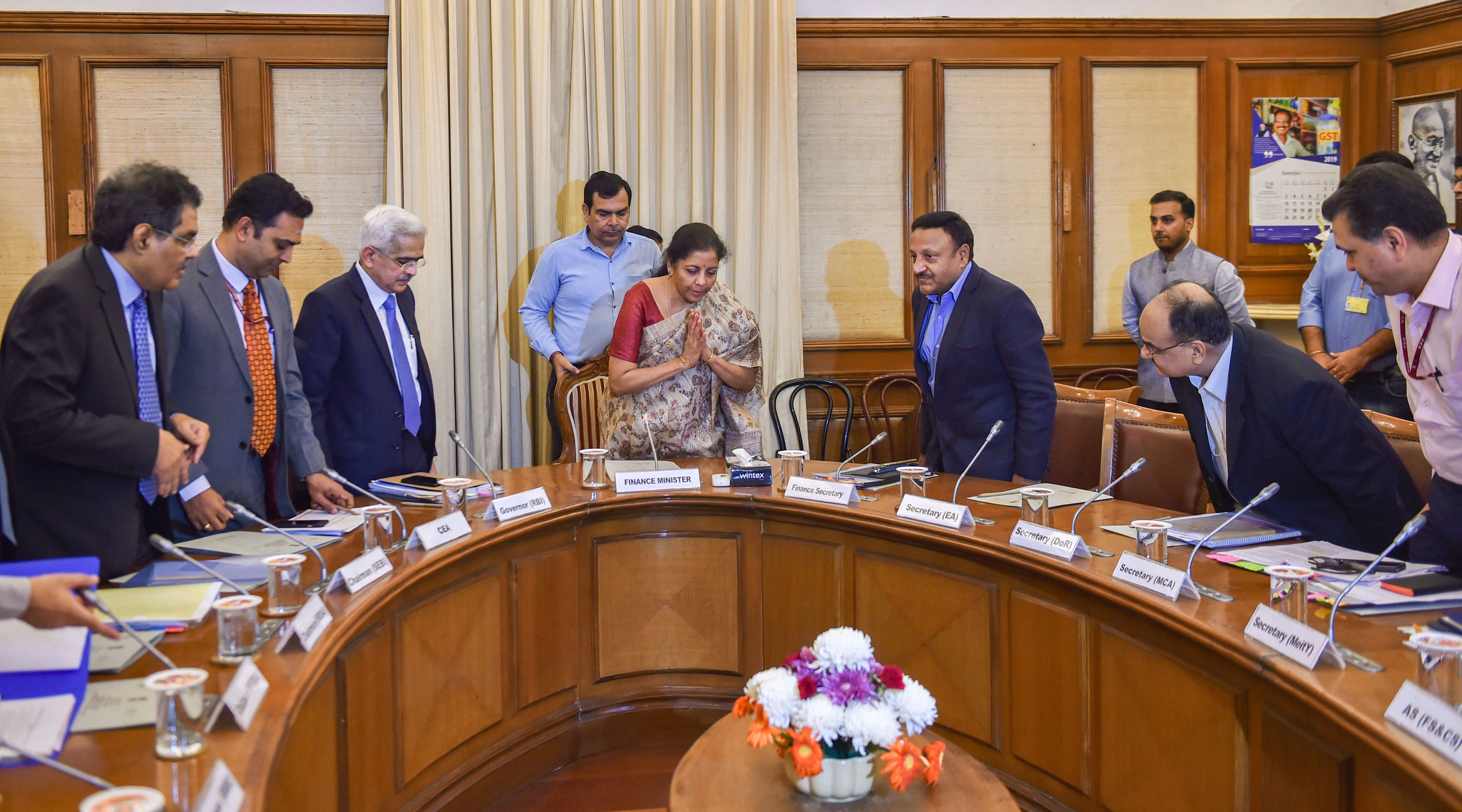 Finance Minister Nirmala Sitharaman (C) flanked by RBI Governor Shaktikanta Das (L), Finance Secretary Rajiv Kumar (R) and others during a meeting of the Financial Stability and Development Council (FSDC), in New Delhi - PTI