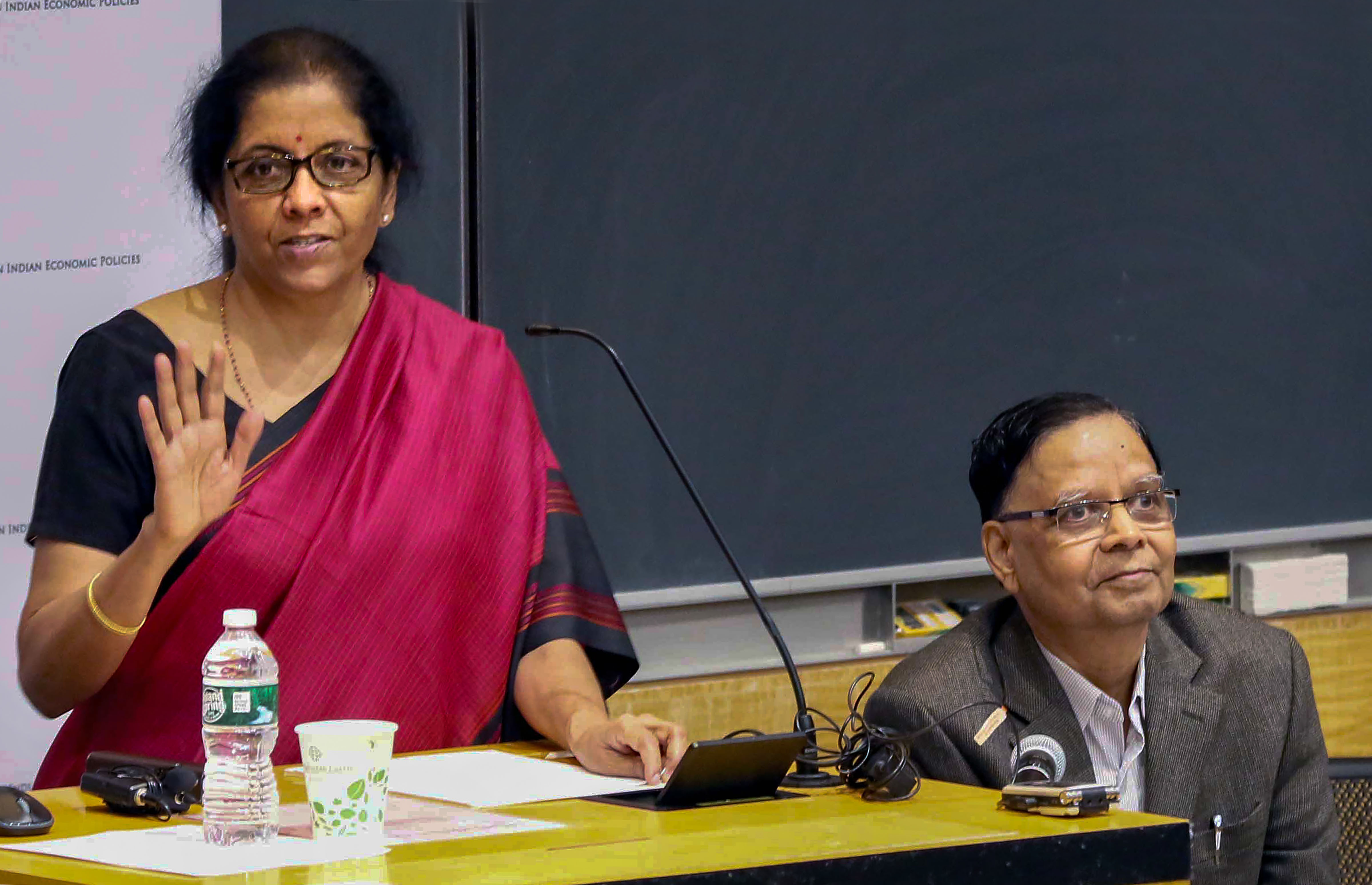 Union Minister for Finance and Corporate Affairs Nirmala Sitharaman (L) speaks on 'Indian Economy: Challenges and Prospects' at Columbia University in New York - PTI