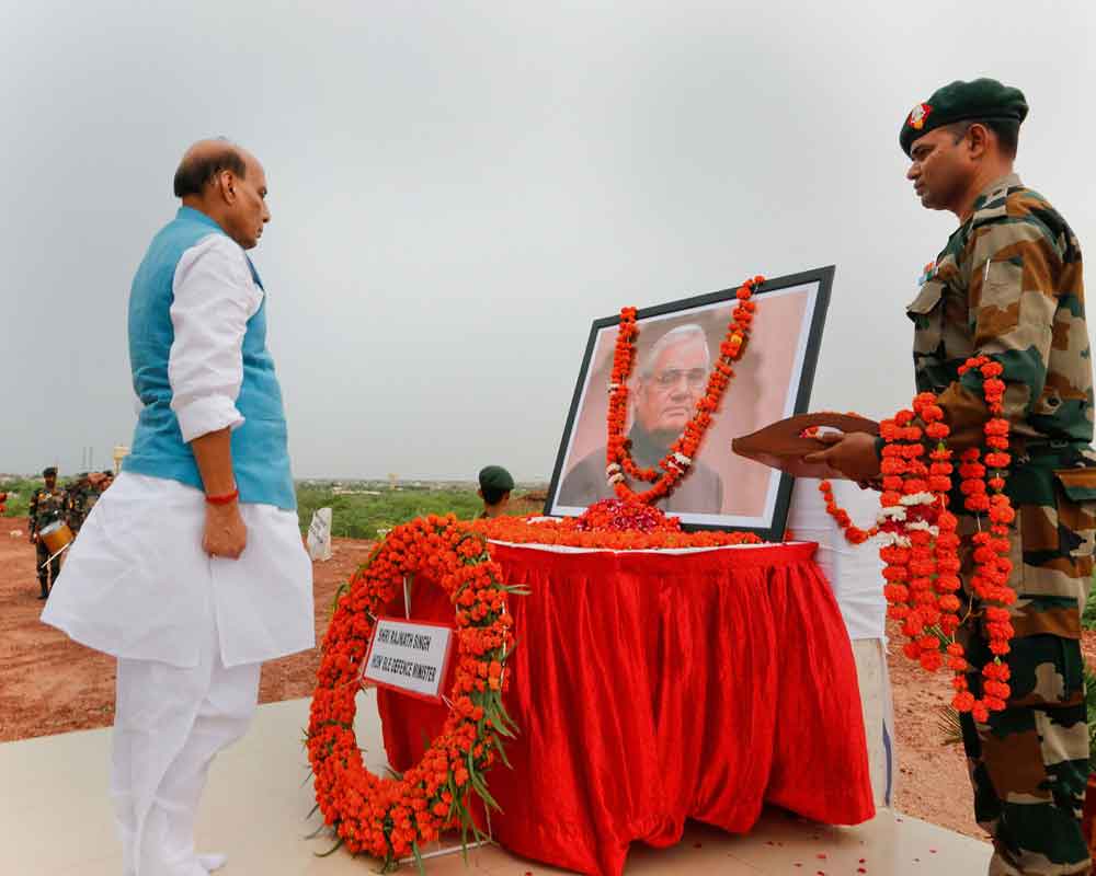 Defence Minister Rajnath Singh pays tribute to former prime minister Atal Bihari Vajpayee on his first death anniversary, at Pokhran, in Jaisalmer district of Rajasthan - PTI