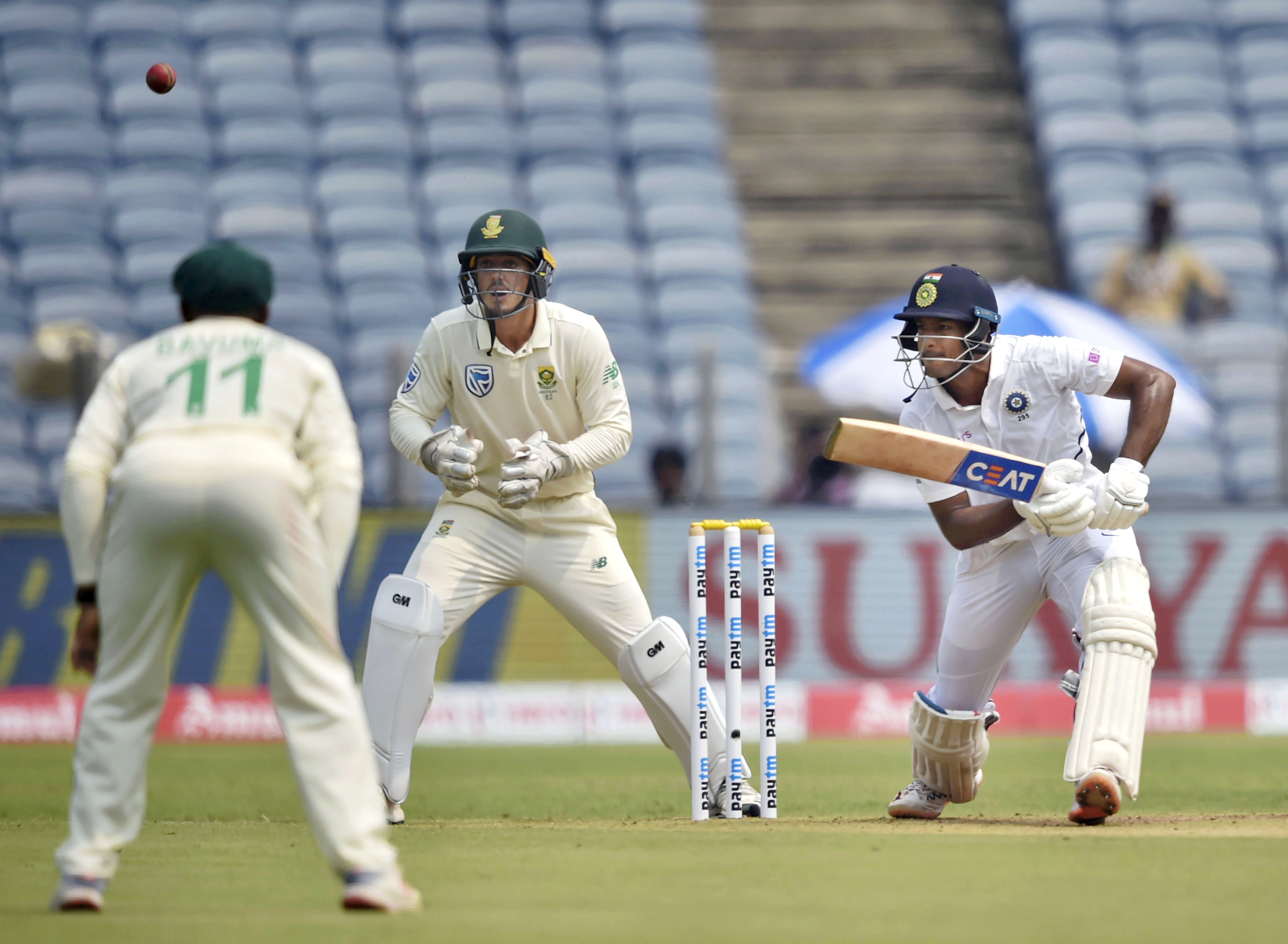 Indian cricketer Mayank Agarwal plays a shot during the second India-South Africa cricket test match - PTI