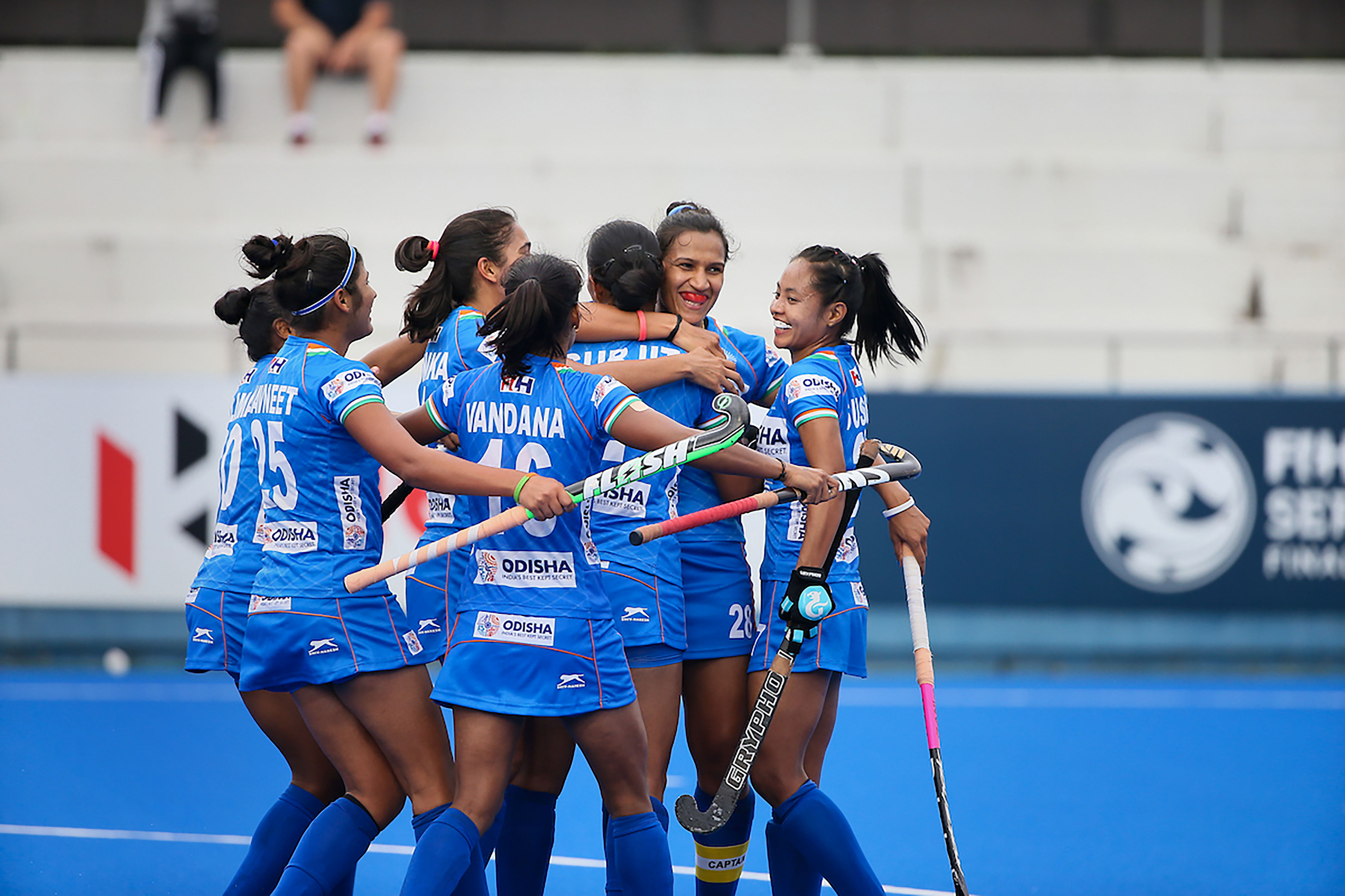 Indian players celebrate after scoring a goal during the women's hockey match between India and Japan at Olympic Test Event in Tokyo - PTI