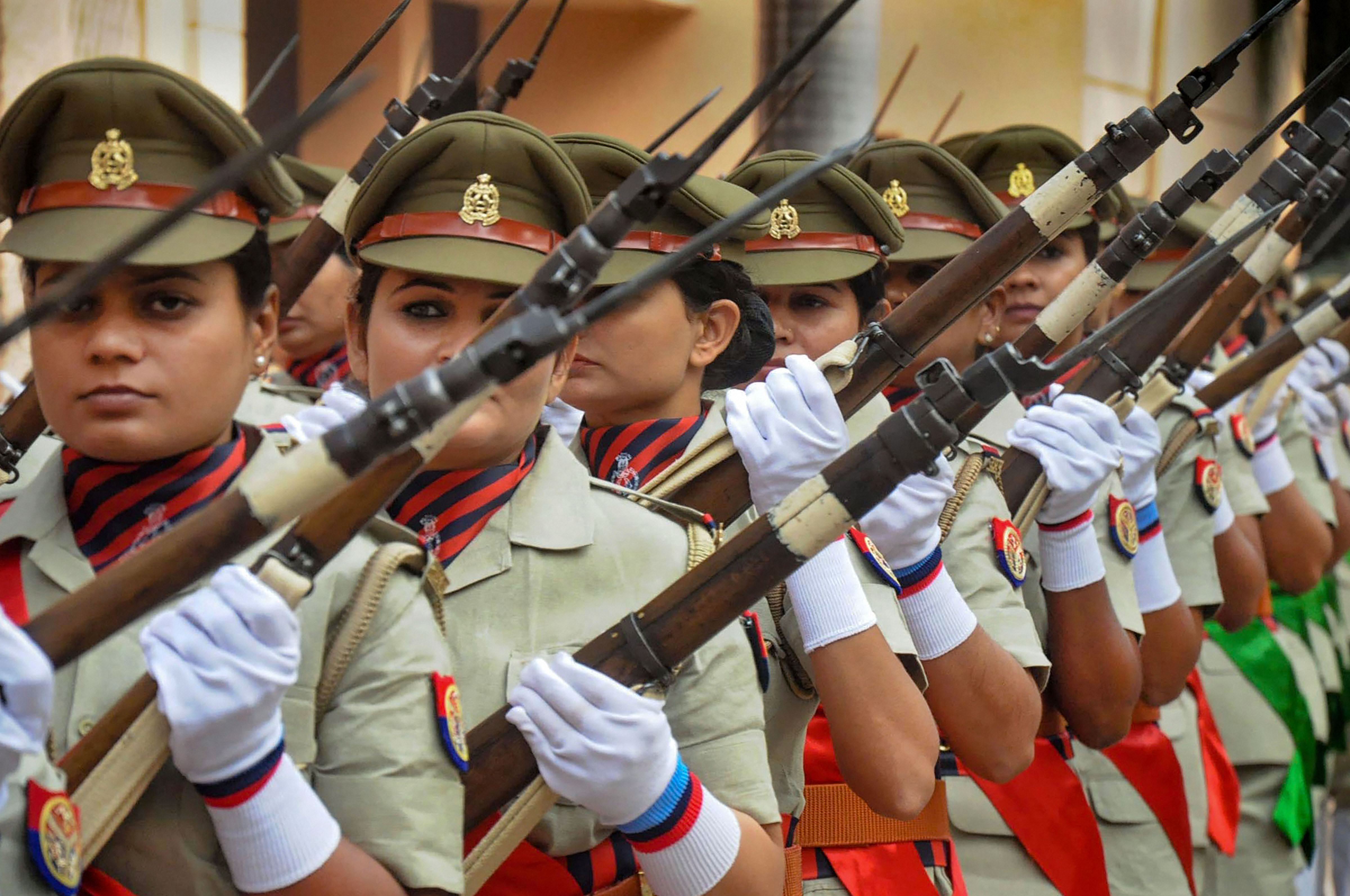 Woman sub-inspectors march during their passing out parade at the Police Training College in Moradabad - PTI