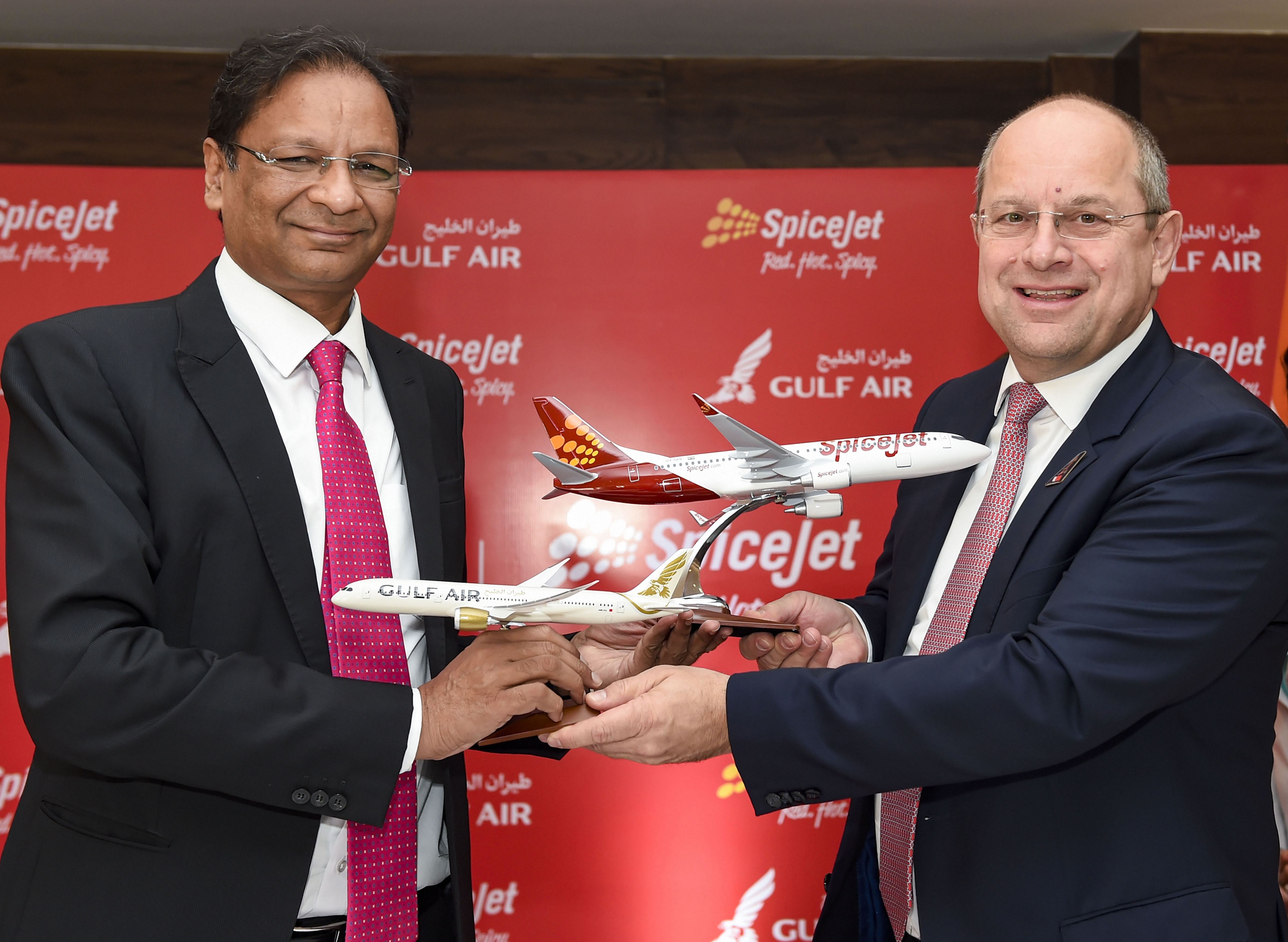 SpiceJet CEO Ajay Singh and Gulf Air CEO Kresimir Kucko during signing of an MoU between the two airlines - PTI
