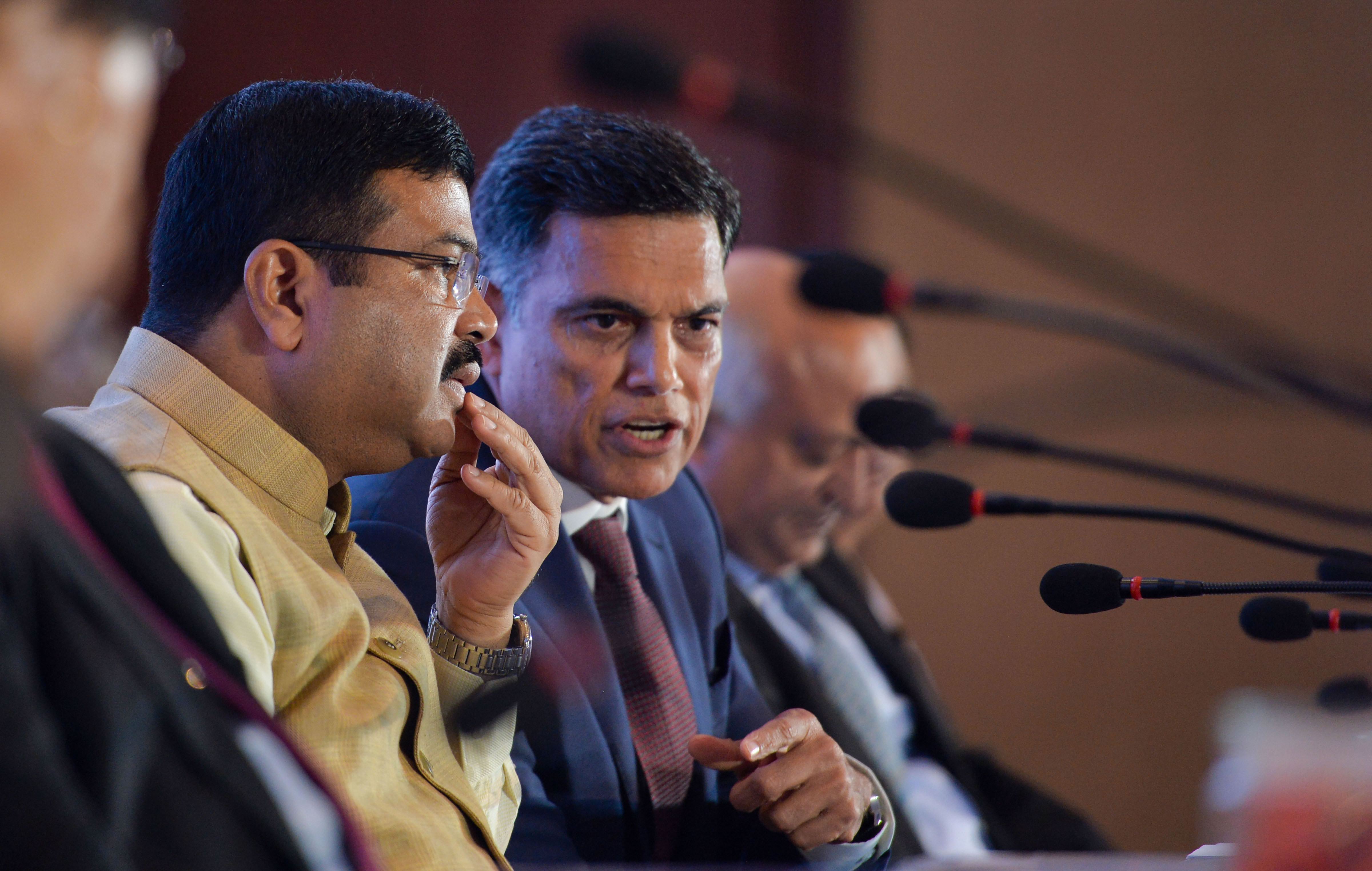 Union Steel Minister Dharmendra Pradhan with JSW Group Chairman Sajjan Jindal during the ISA Steel Conclave 2019 in New Delhi - PTI