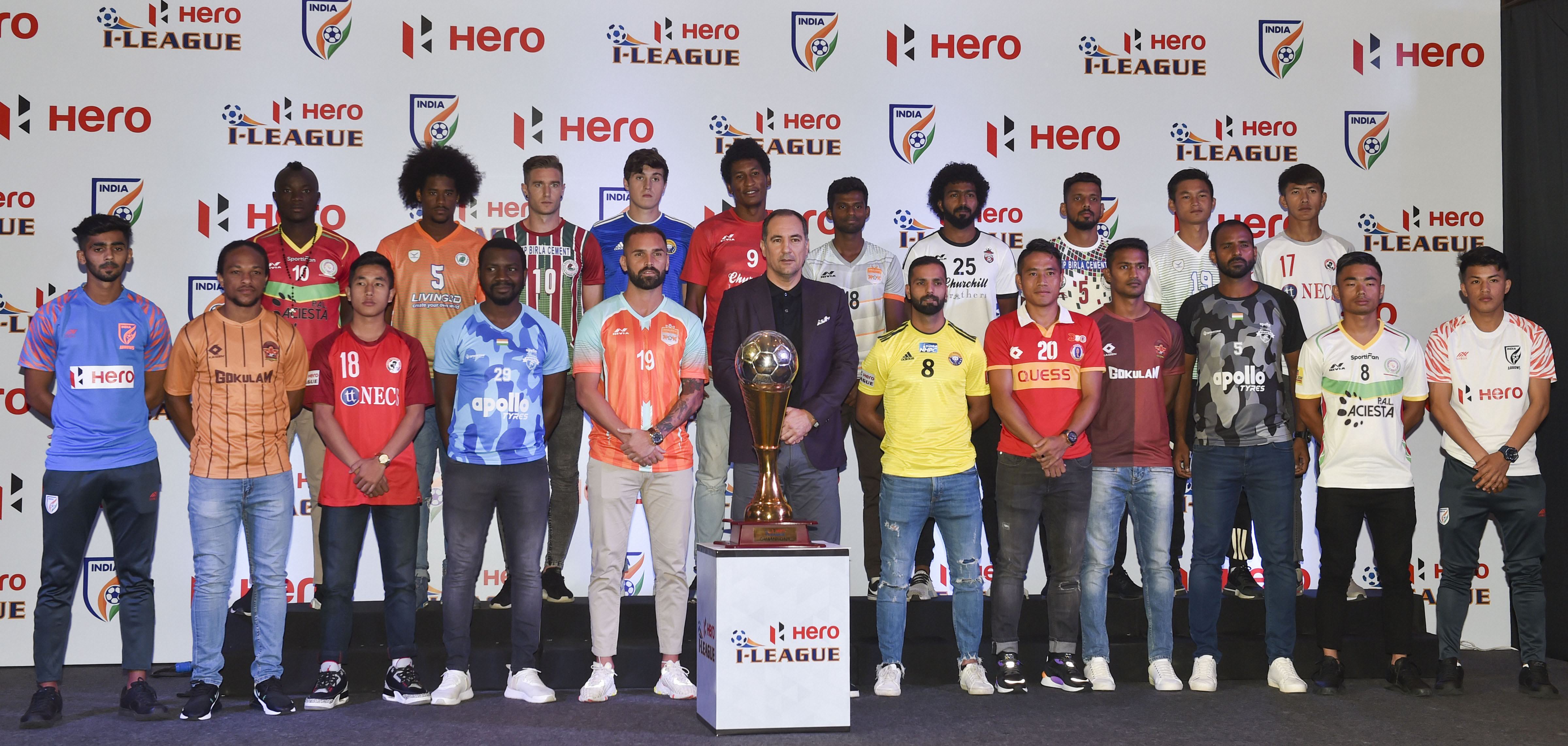 Indian football team coach Igor Stimac along with 11 team members pose for a group photograph during the 13th edition of the Hero I-League official launch -PTI